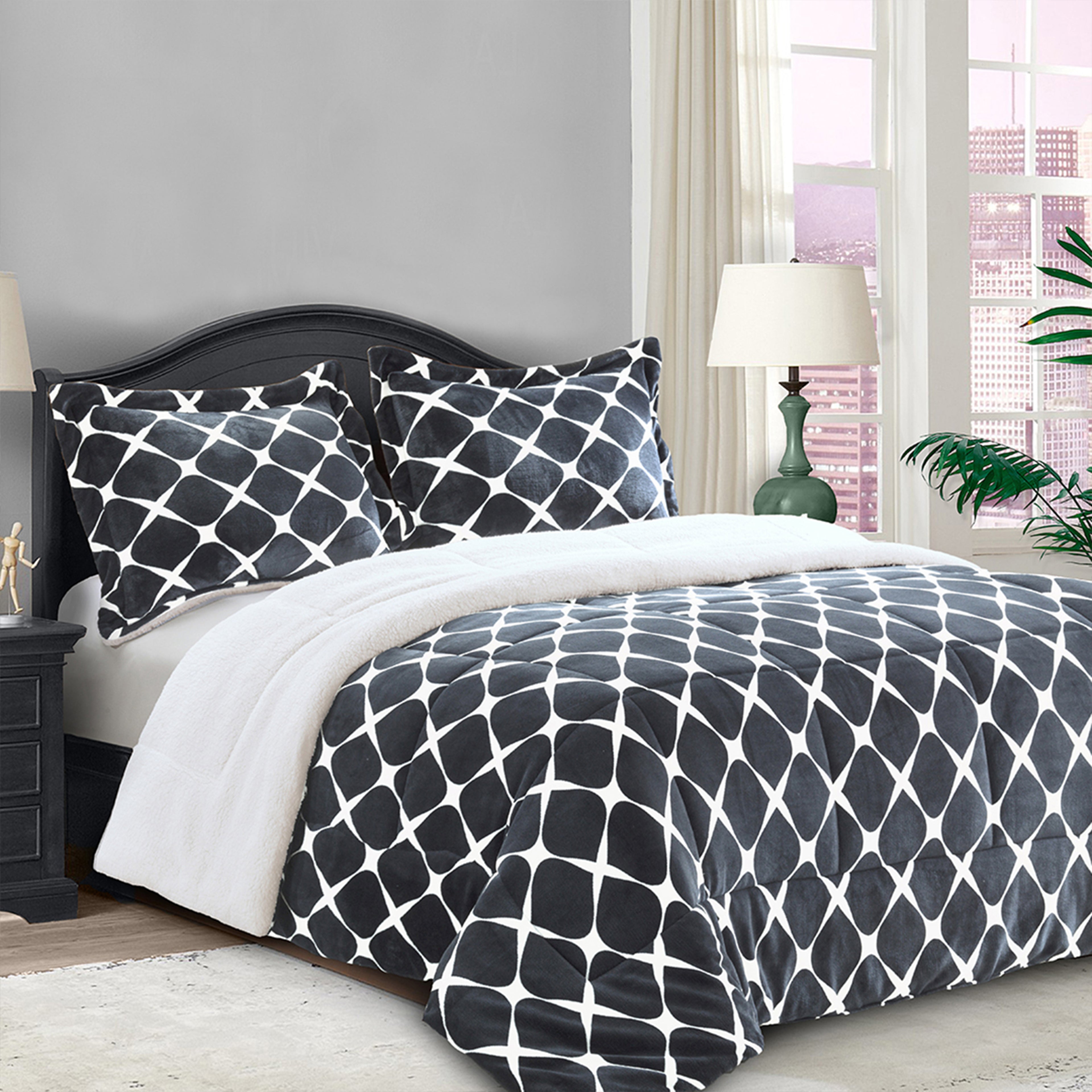 3-Piece Micro-Suede Reversible Sherpa - Bloomingdale Pattern Comforter Set