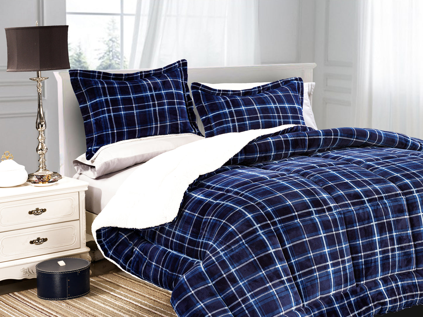 Elegant Comfort 3-Piece Plaid Micro-Suede Reversible Sherpa - Comforter Set
