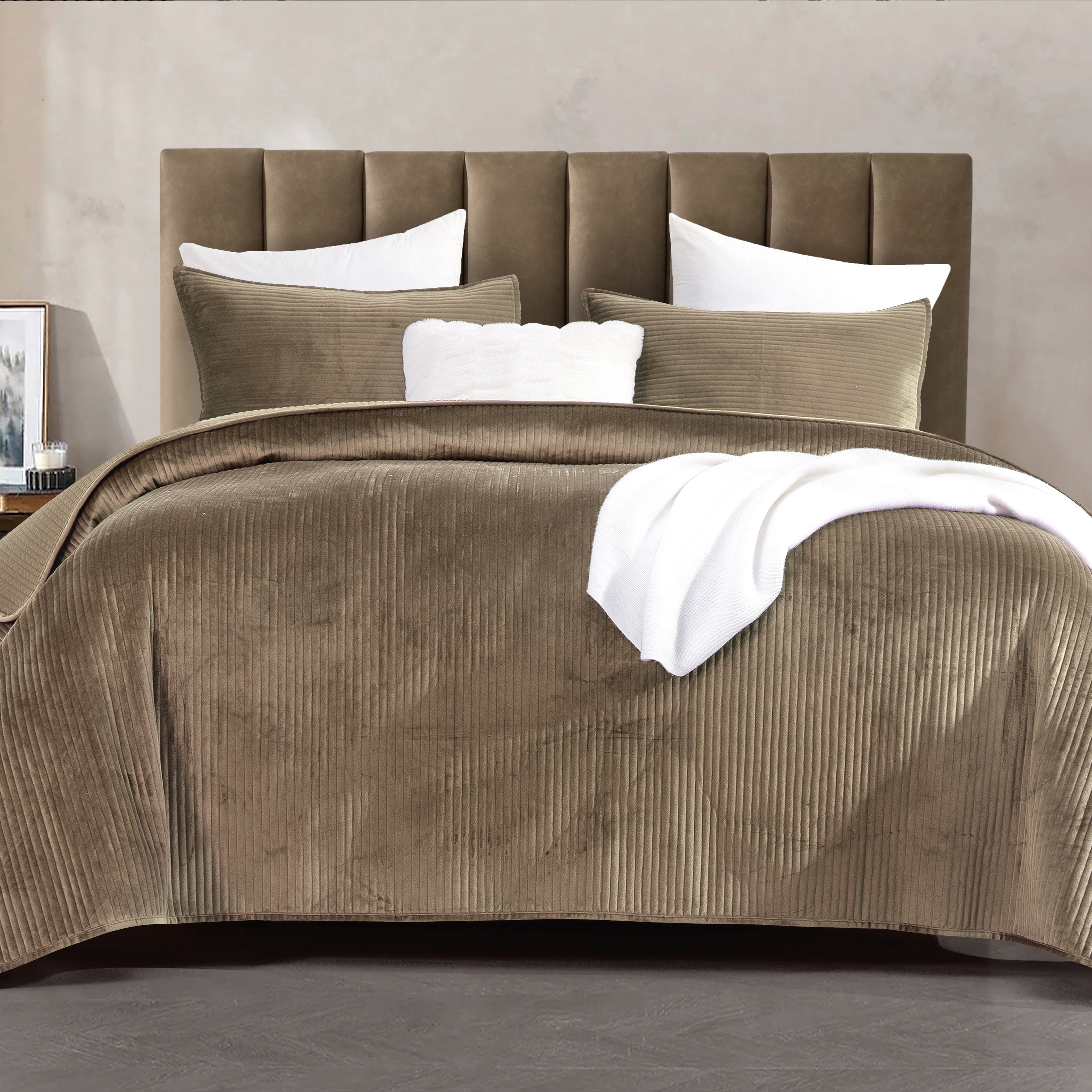 3-Piece Velvet Corduroy Stripe Quilted Bedspread Coverlet Set