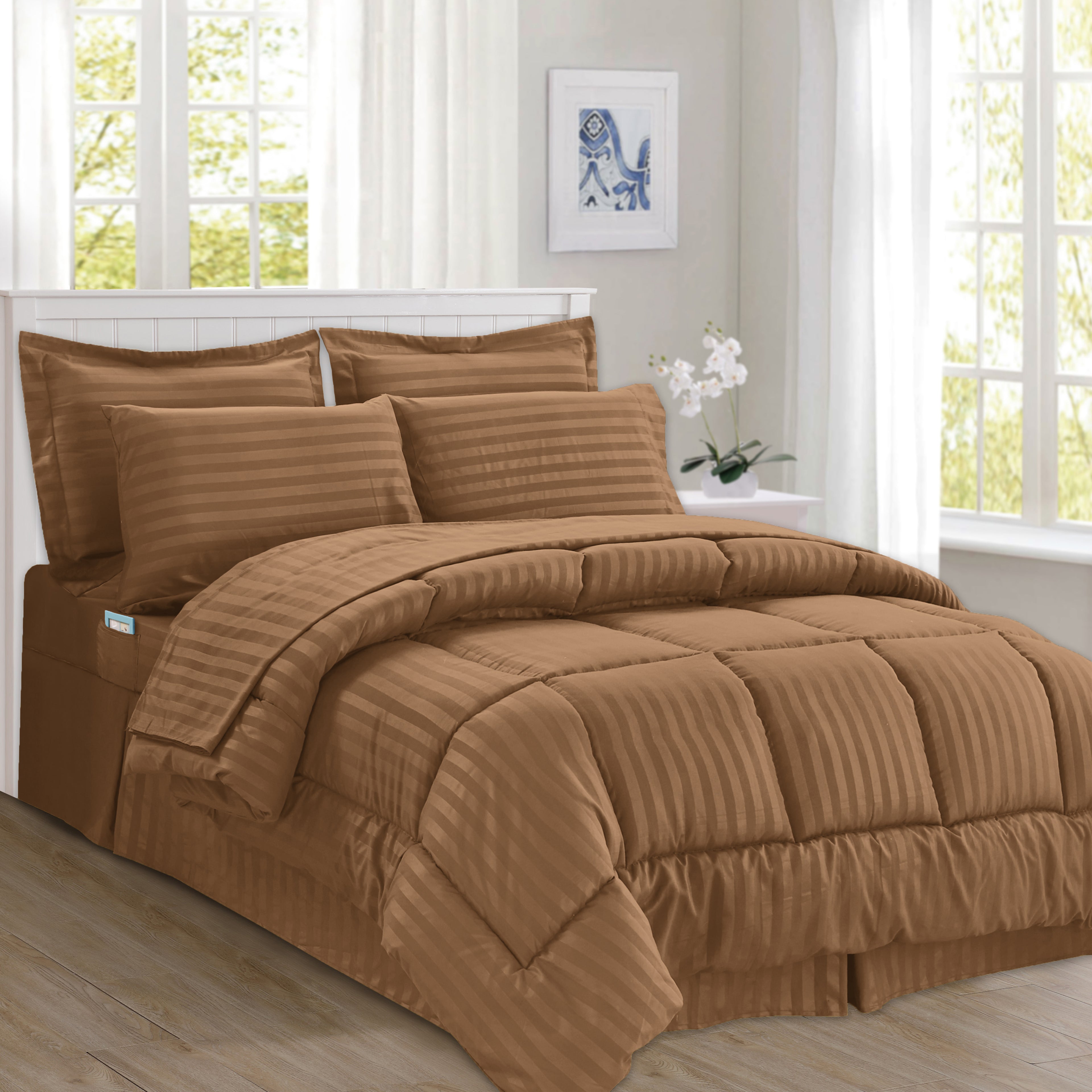 8-Piece Dobby Stripe Comforter Set - Includes 4-Piece Sheet Set with Double Sided Storage Pockets