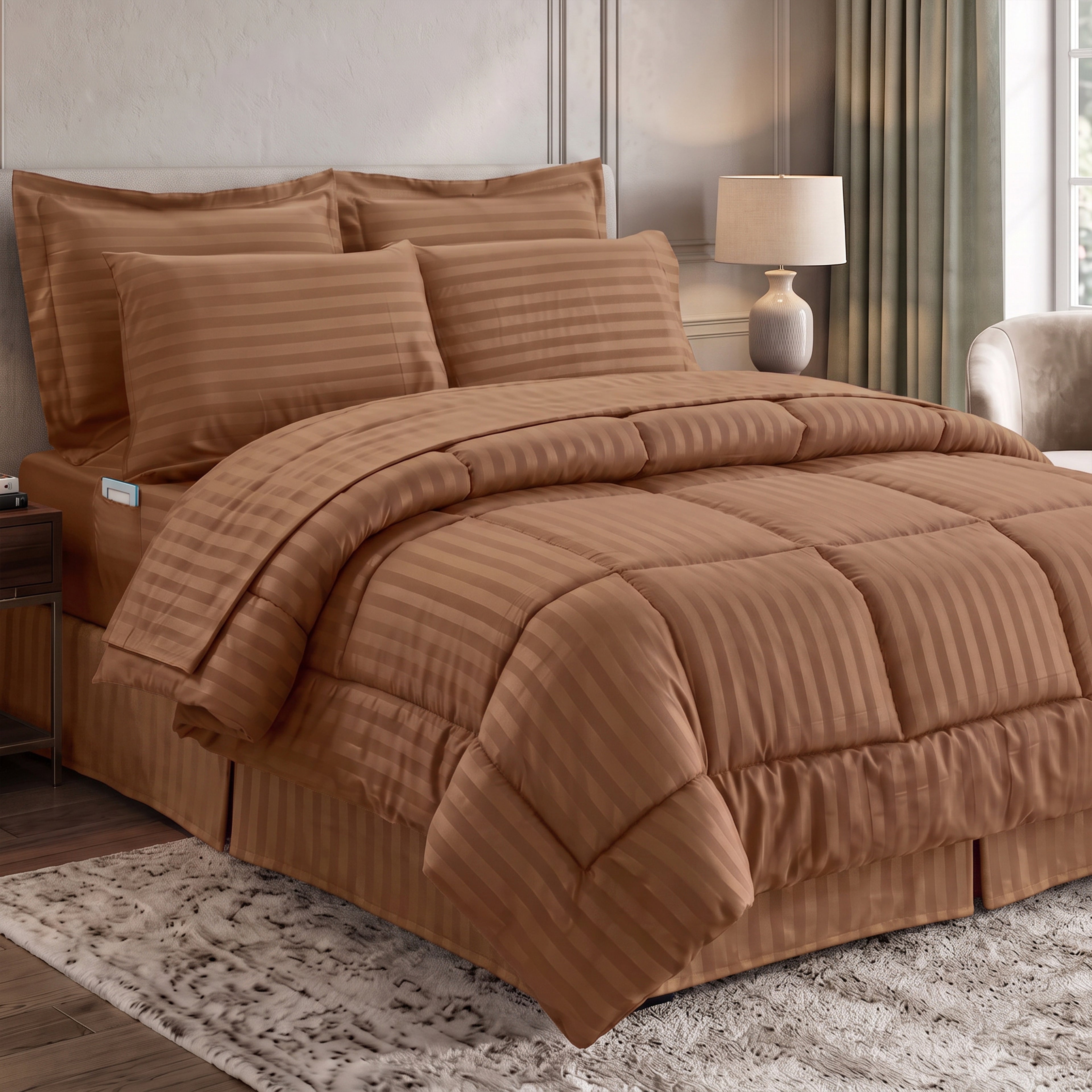 8-Piece Dobby Stripe Comforter Set - Includes 4-Piece Sheet Set with Double Sided Storage Pockets