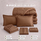 8-Piece Dobby Stripe Comforter Set - Includes 4-Piece Sheet Set with Double Sided Storage Pockets