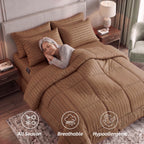 8-Piece Dobby Stripe Comforter Set - Includes 4-Piece Sheet Set with Double Sided Storage Pockets