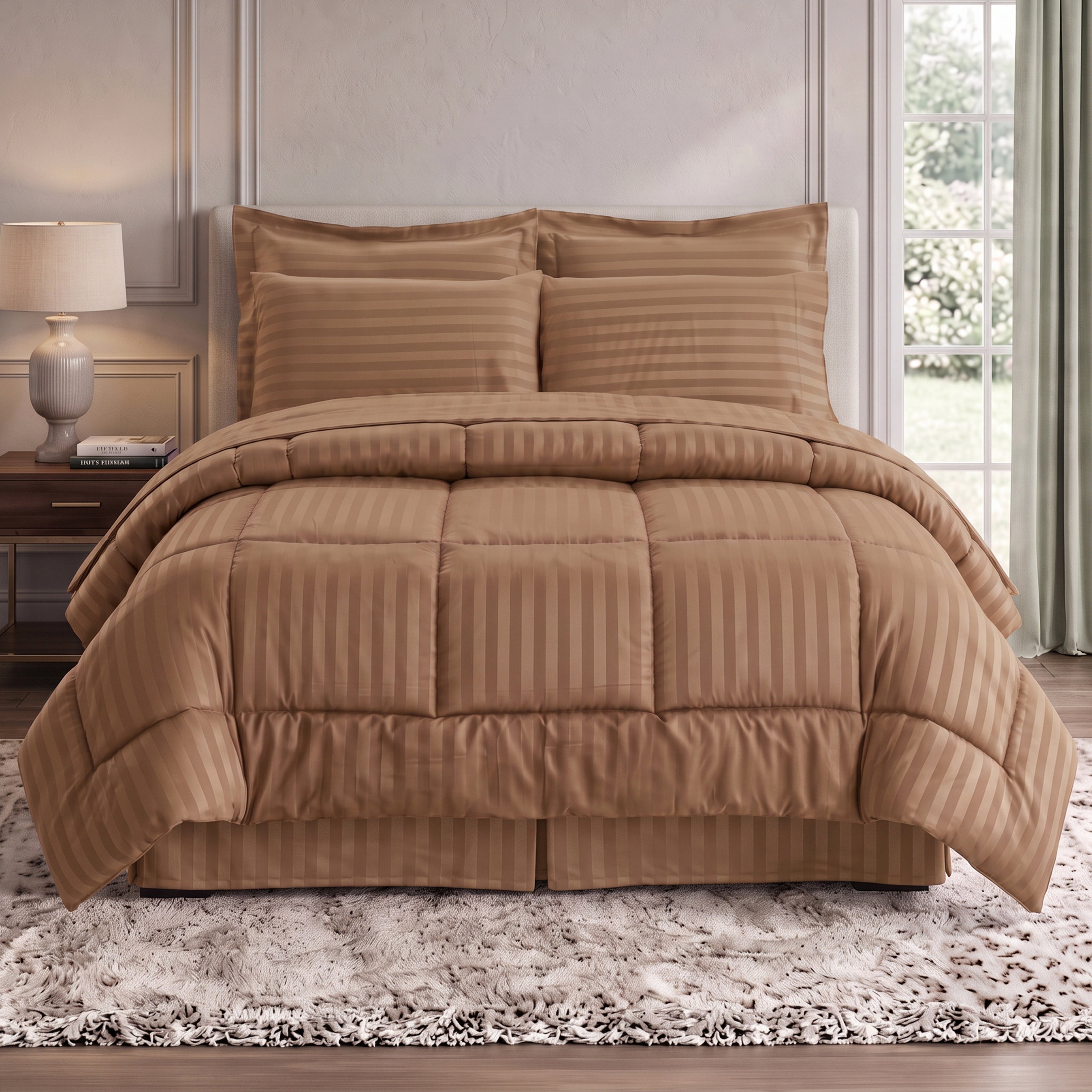 8-Piece Dobby Stripe Comforter Set - Includes 4-Piece Sheet Set with Double Sided Storage Pockets