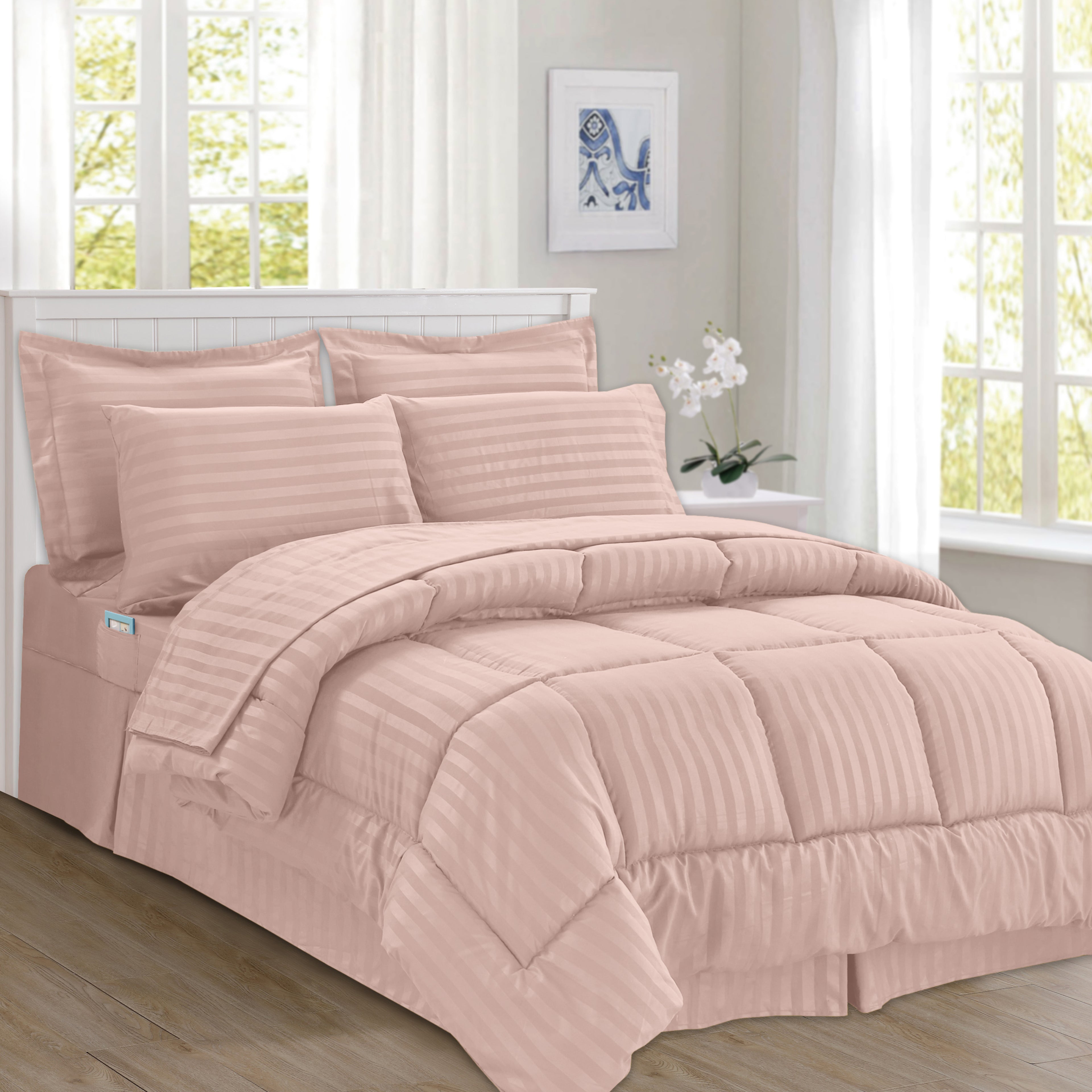 8-Piece Dobby Stripe Comforter Set - Includes 4-Piece Sheet Set with Double Sided Storage Pockets