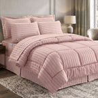 8-Piece Dobby Stripe Comforter Set - Includes 4-Piece Sheet Set with Double Sided Storage Pockets