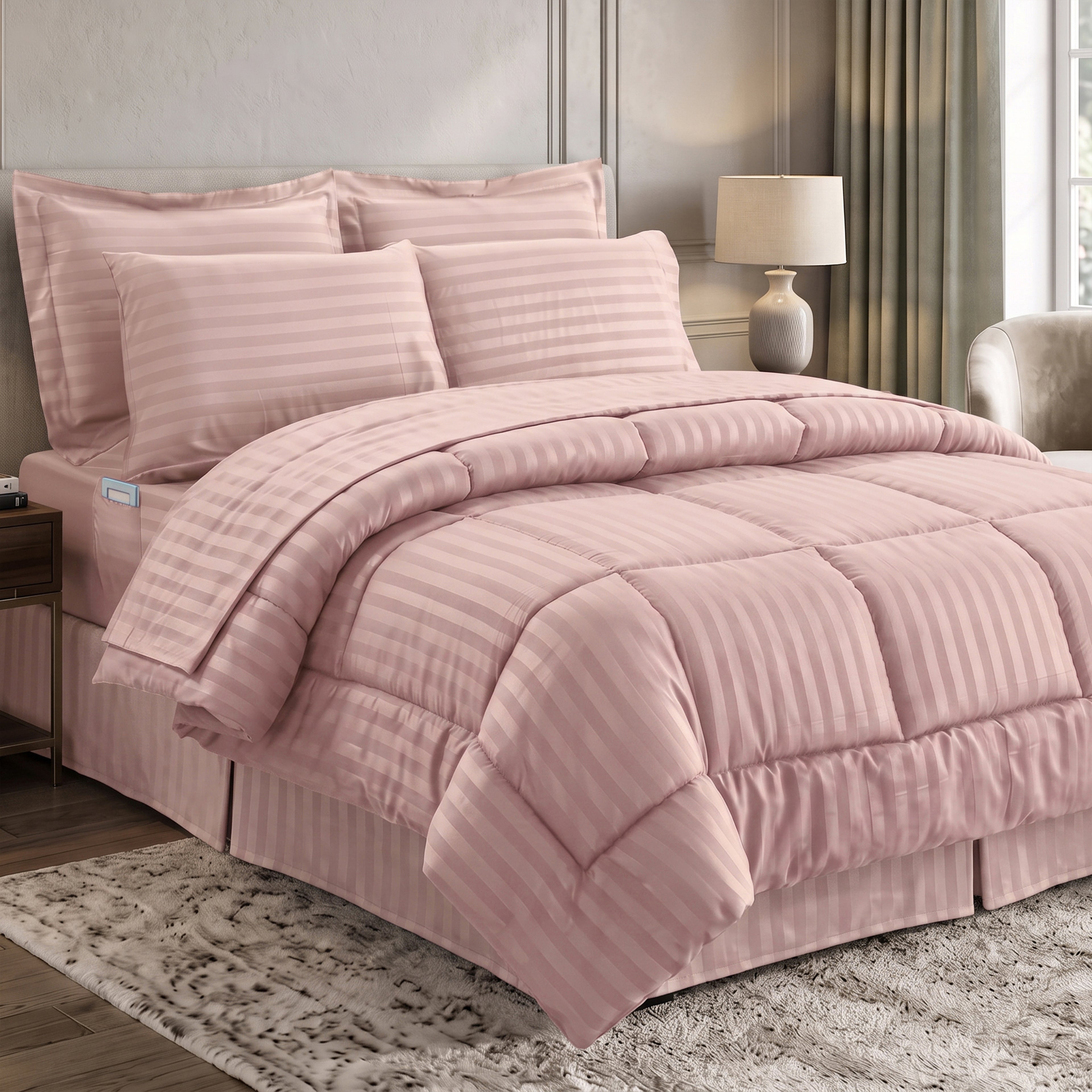 8-Piece Dobby Stripe Comforter Set - Includes 4-Piece Sheet Set with Double Sided Storage Pockets