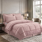 8-Piece Dobby Stripe Comforter Set - Includes 4-Piece Sheet Set with Double Sided Storage Pockets