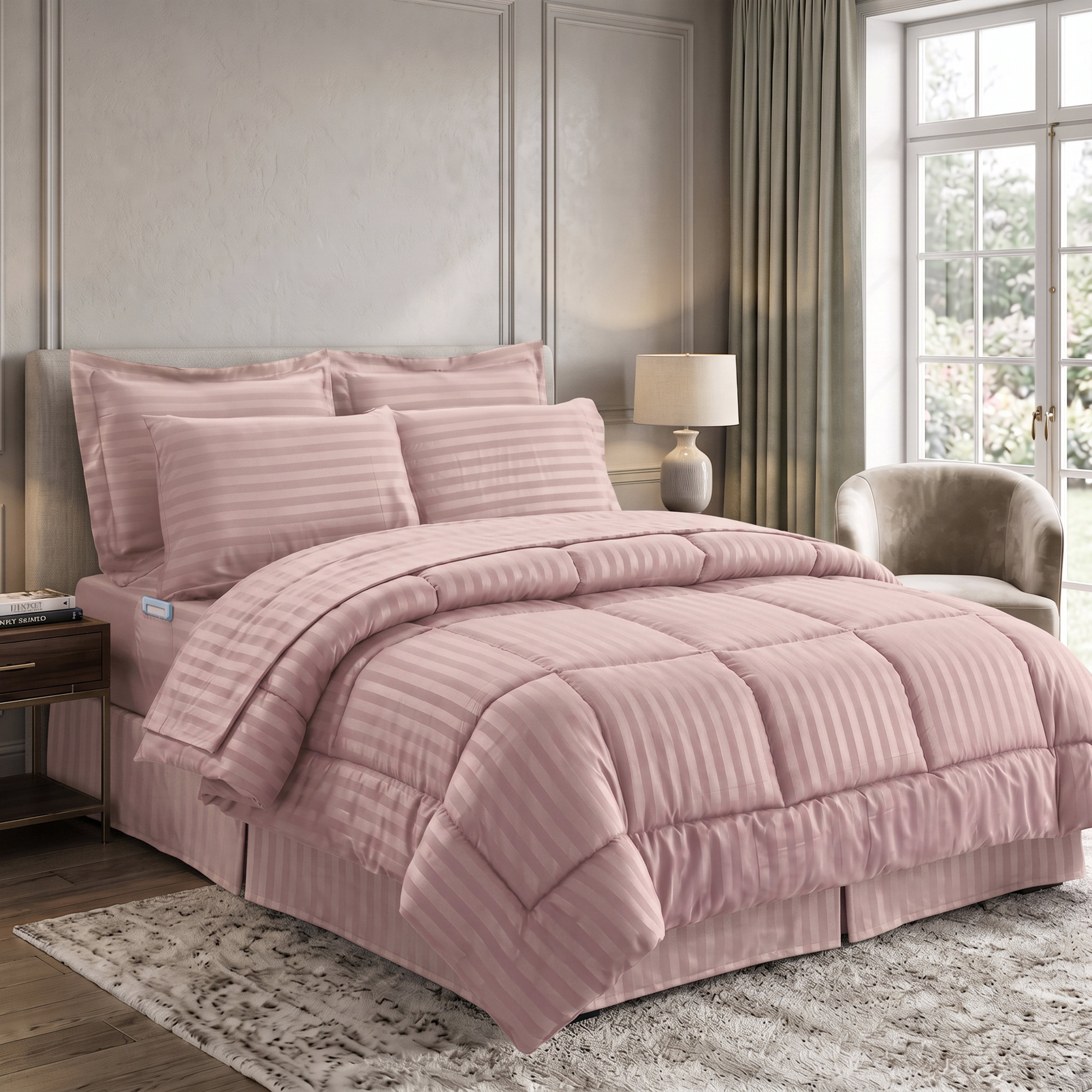8-Piece Dobby Stripe Comforter Set - Includes 4-Piece Sheet Set with Double Sided Storage Pockets