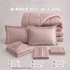 8-Piece Dobby Stripe Comforter Set - Includes 4-Piece Sheet Set with Double Sided Storage Pockets