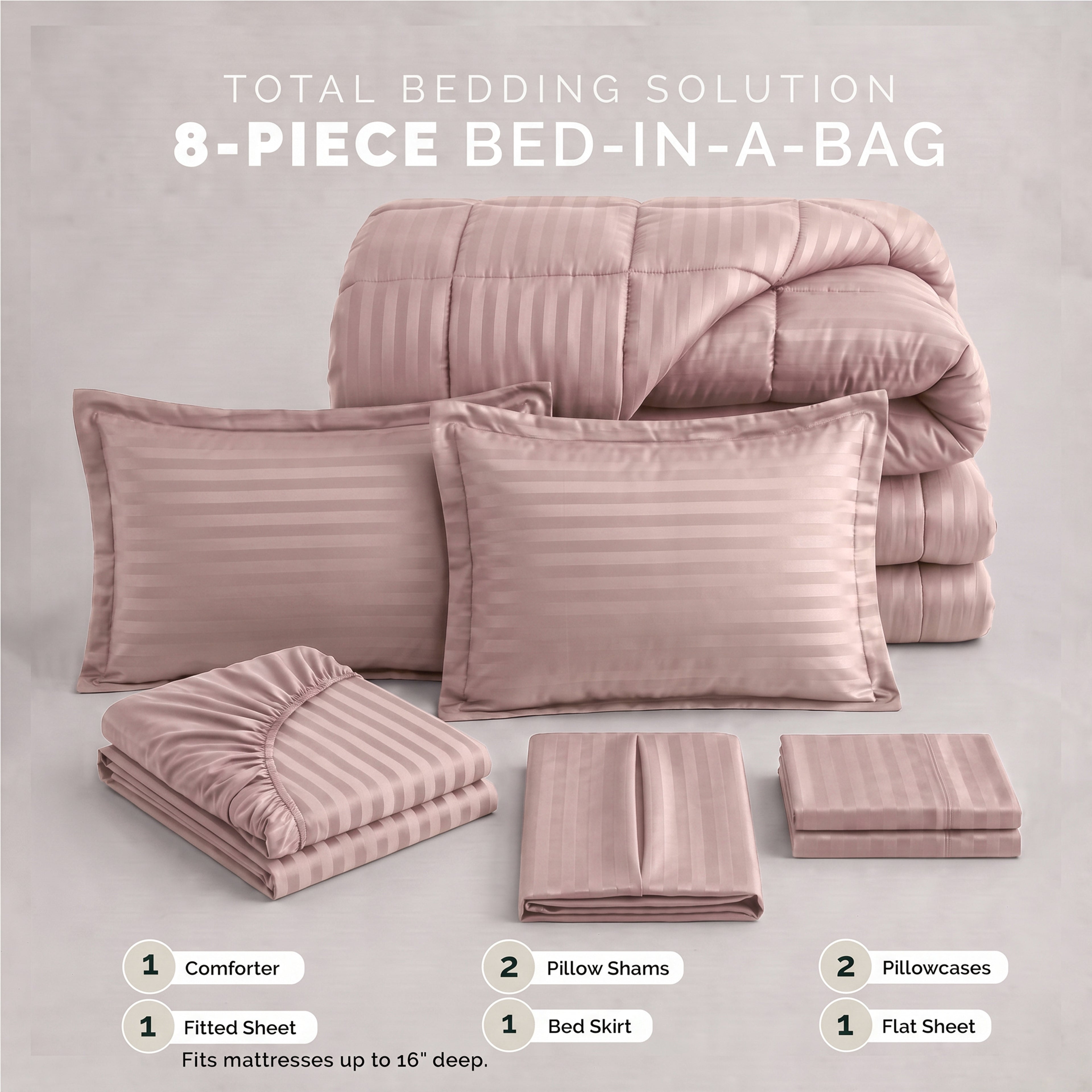 8-Piece Dobby Stripe Comforter Set - Includes 4-Piece Sheet Set with Double Sided Storage Pockets