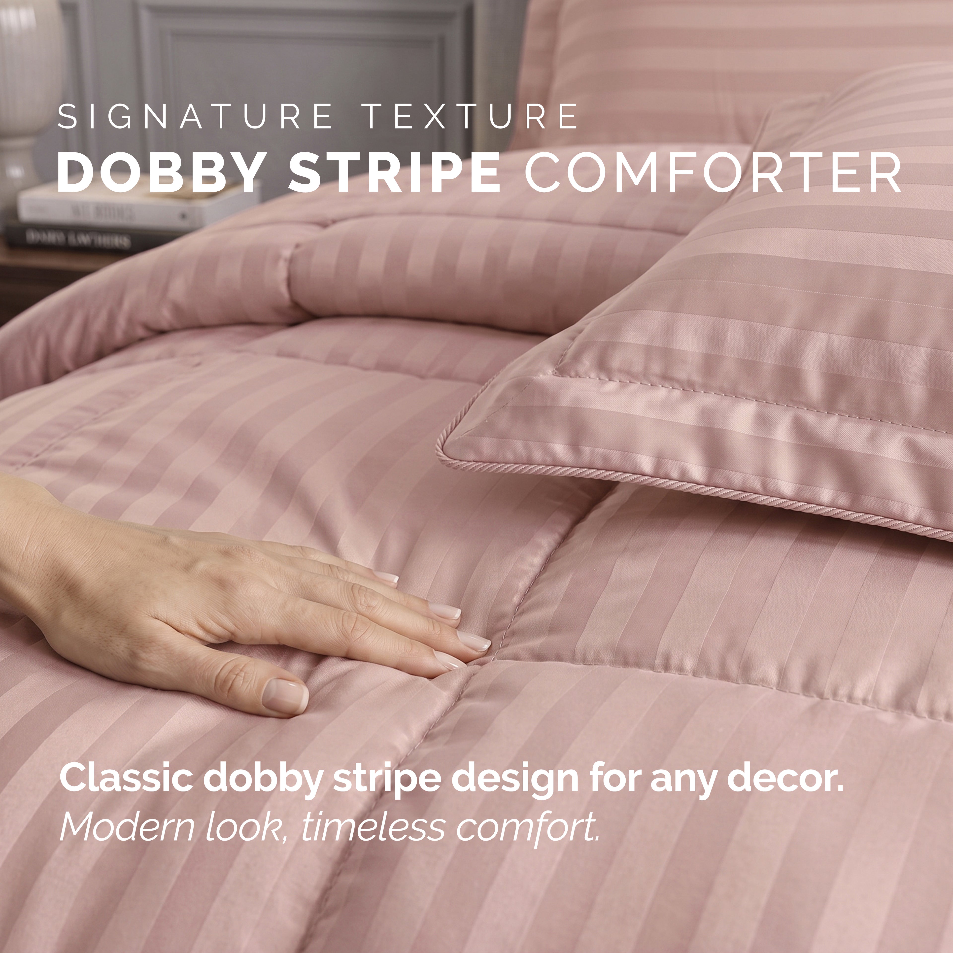 8-Piece Dobby Stripe Comforter Set - Includes 4-Piece Sheet Set with Double Sided Storage Pockets