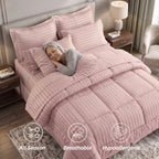 8-Piece Dobby Stripe Comforter Set - Includes 4-Piece Sheet Set with Double Sided Storage Pockets