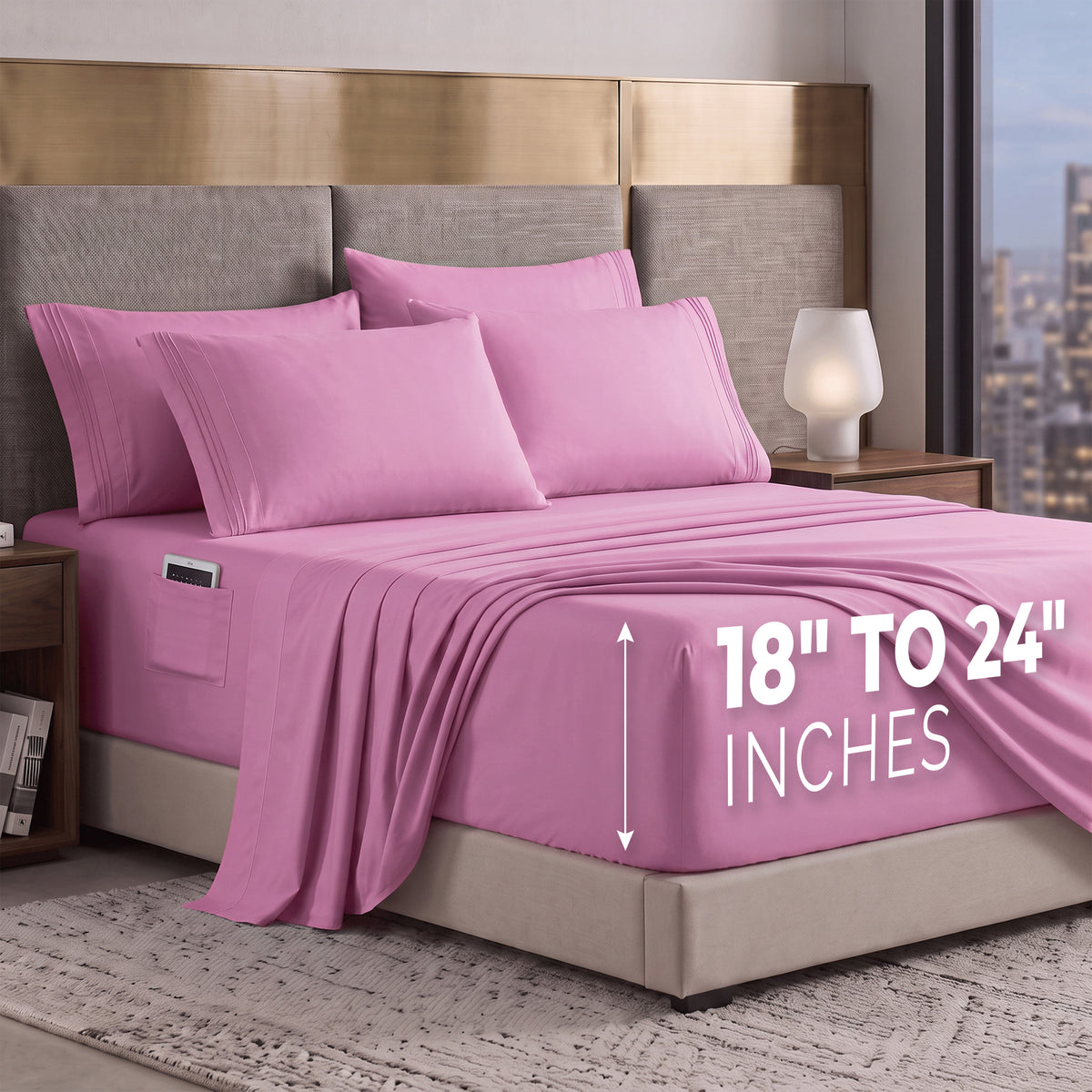 Extra deep Pocket 3 Line Embroidery, 6-Piece Sheet Set