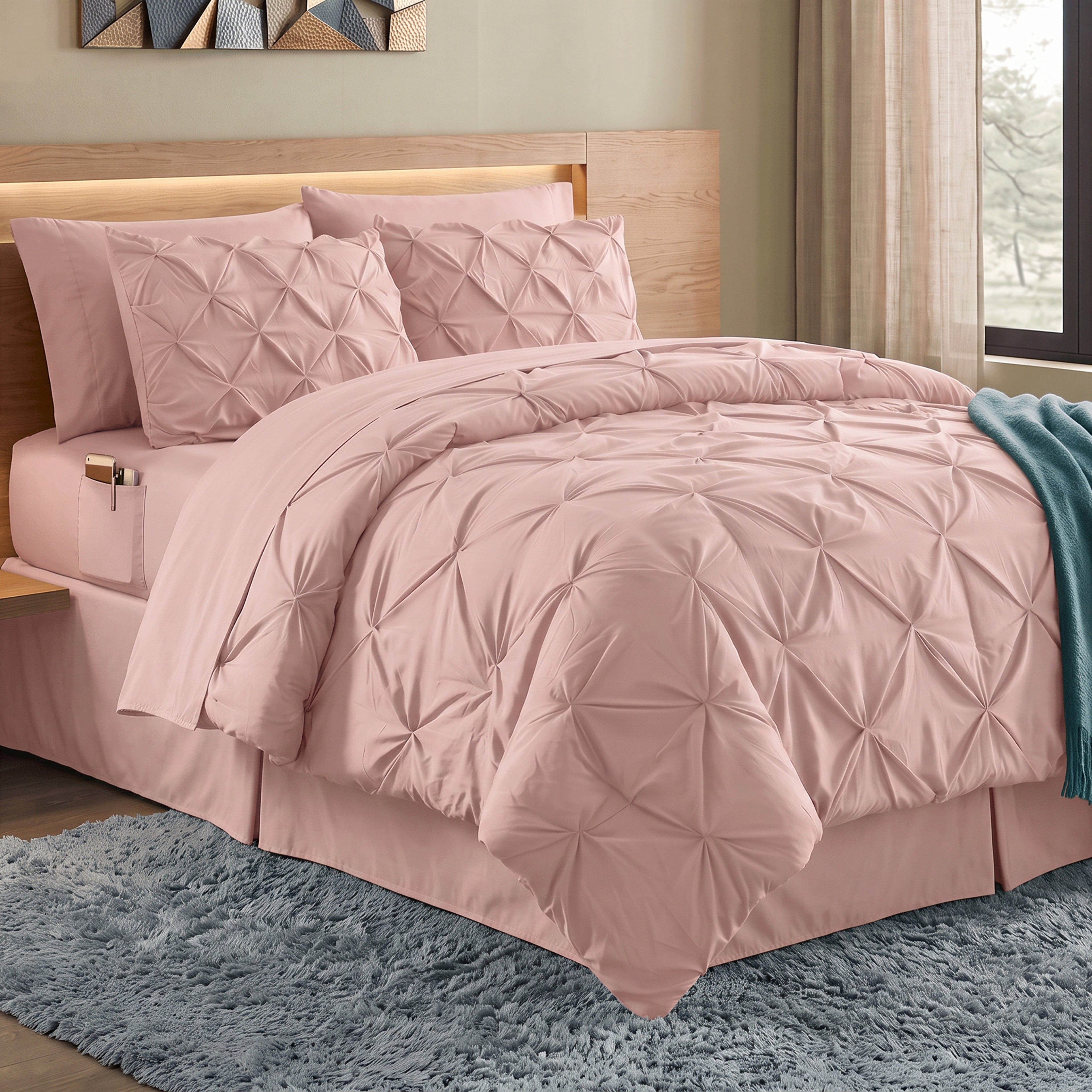 8-Piece Pintuck Pinch Pleated Comforter Set - Includes 4-Piece Sheet Set with Double Sided Storage Pockets