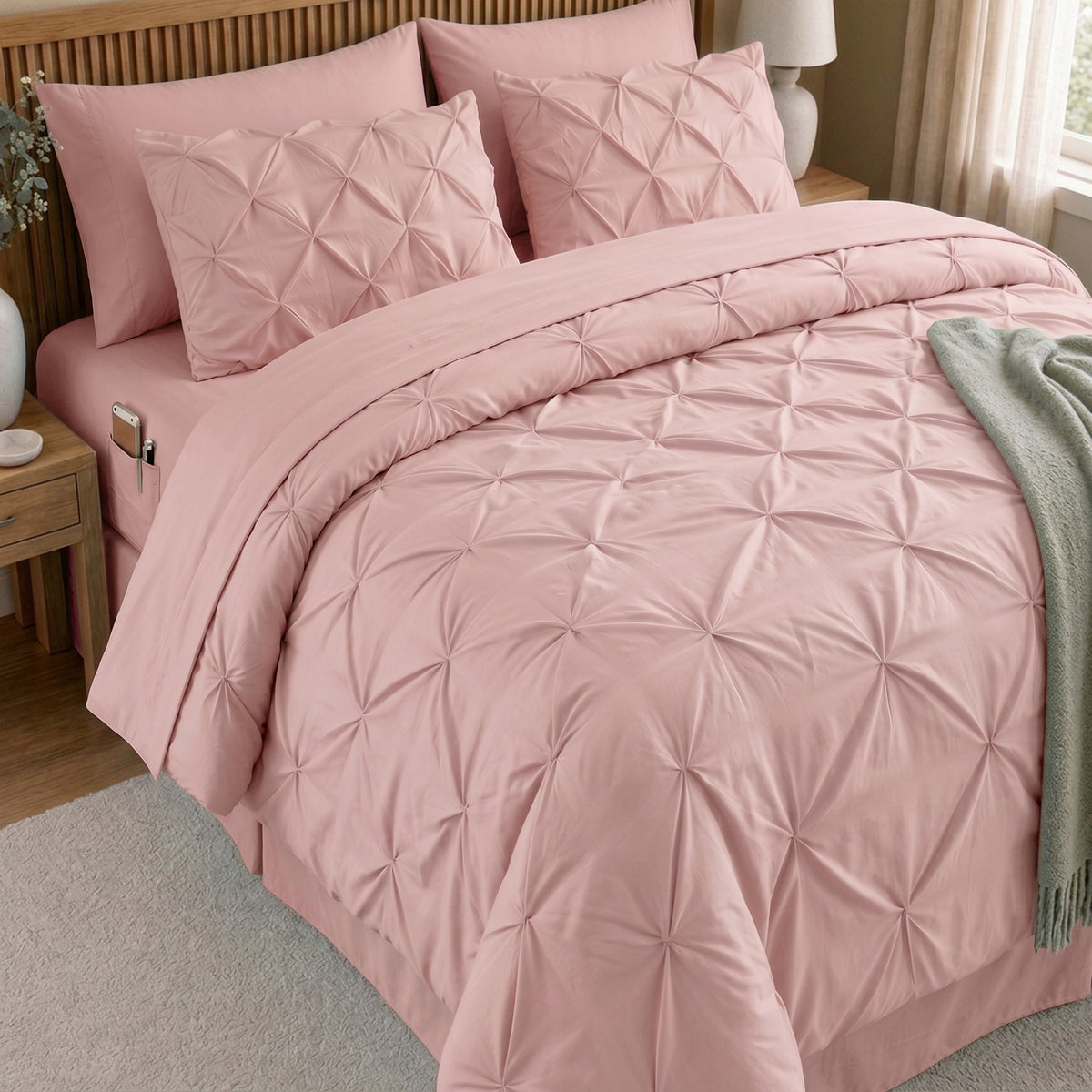 8-Piece Pintuck Pinch Pleated Comforter Set - Includes 4-Piece Sheet Set with Double Sided Storage Pockets