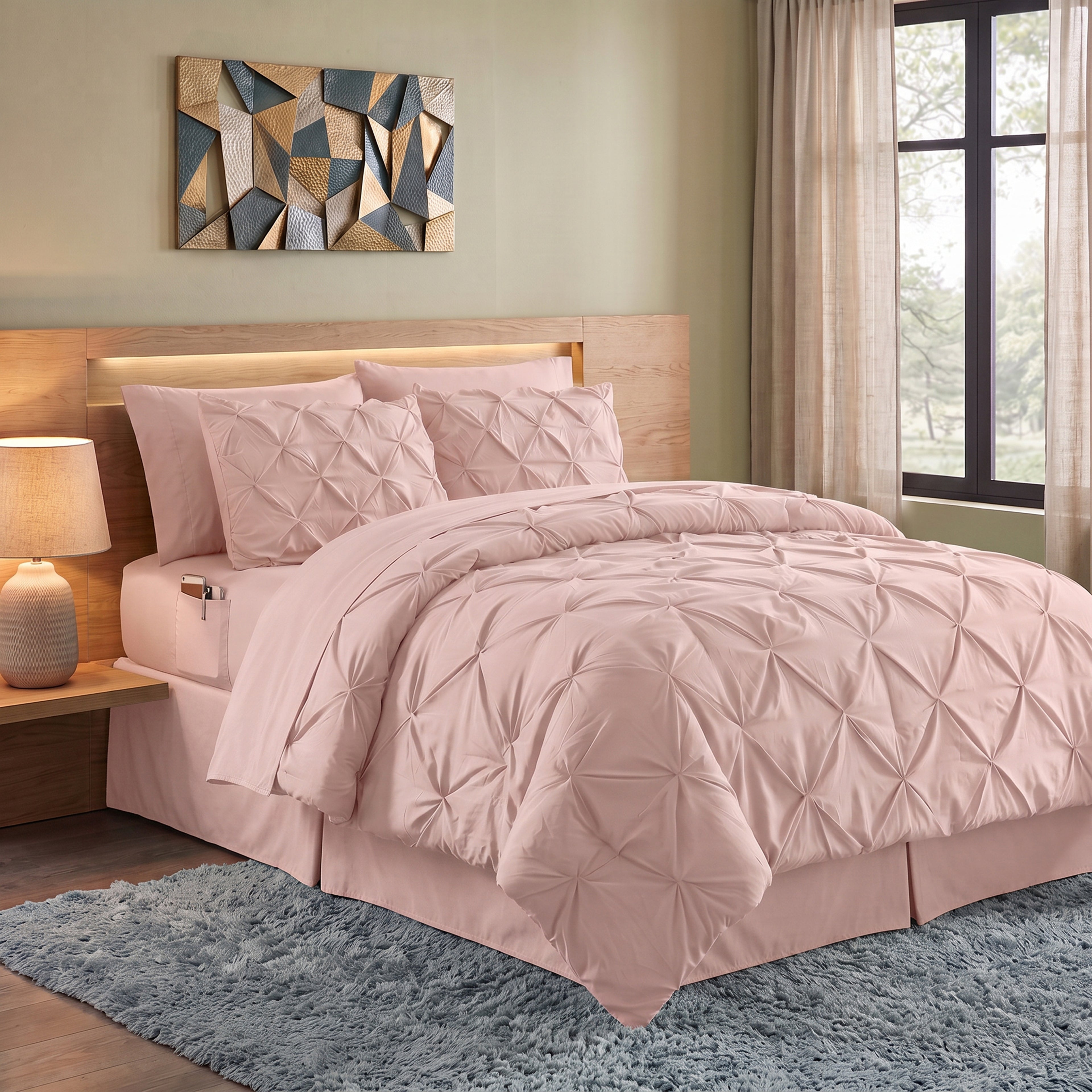 8-Piece Pintuck Pinch Pleated Comforter Set - Includes 4-Piece Sheet Set with Double Sided Storage Pockets