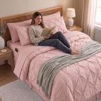 8-Piece Pintuck Pinch Pleated Comforter Set - Includes 4-Piece Sheet Set with Double Sided Storage Pockets