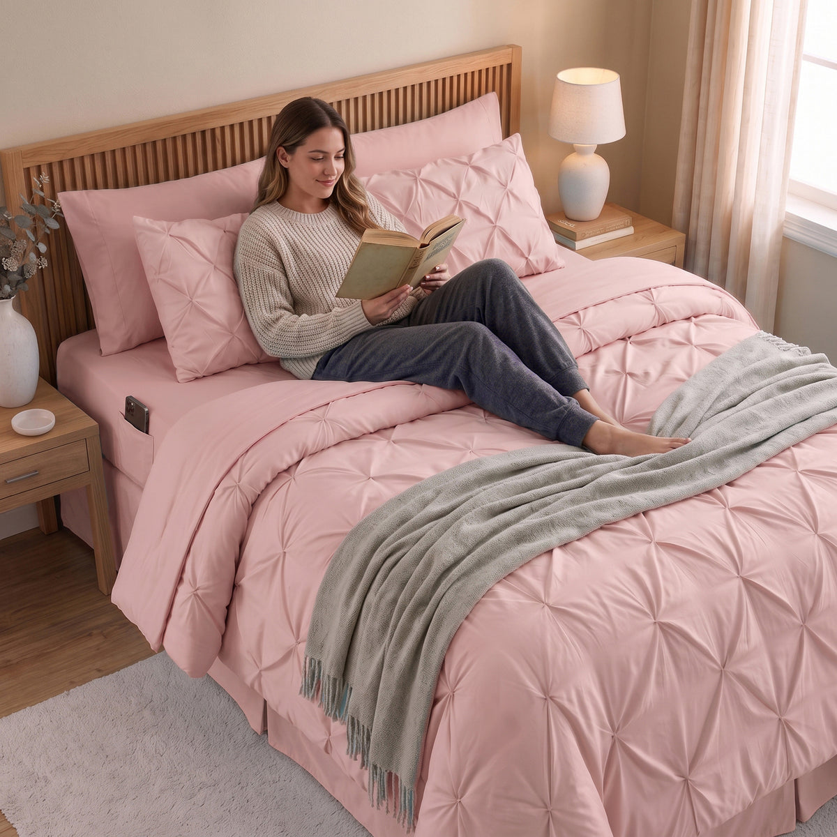 8-Piece Pintuck Pinch Pleated Comforter Set - Includes 4-Piece Sheet Set with Double Sided Storage Pockets