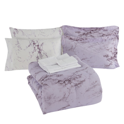 Elegant Comfort Reversible 10-Piece Marble Print Comforter Set, Includes 6-Piece Sheet Set with Double Sided Storage Pockets