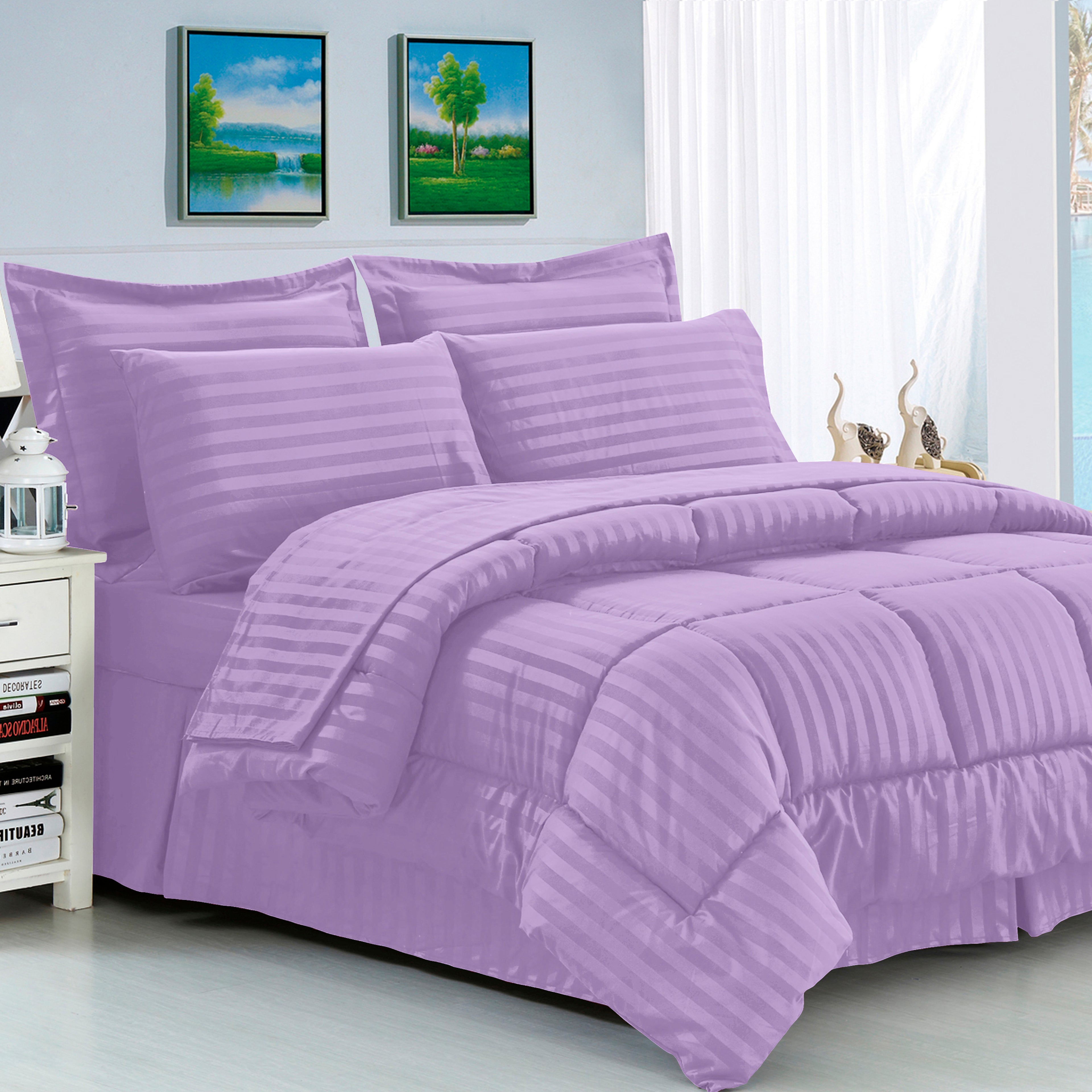 8-Piece Dobby Stripe Comforter Set - Includes 4-Piece Sheet Set with Double Sided Storage Pockets