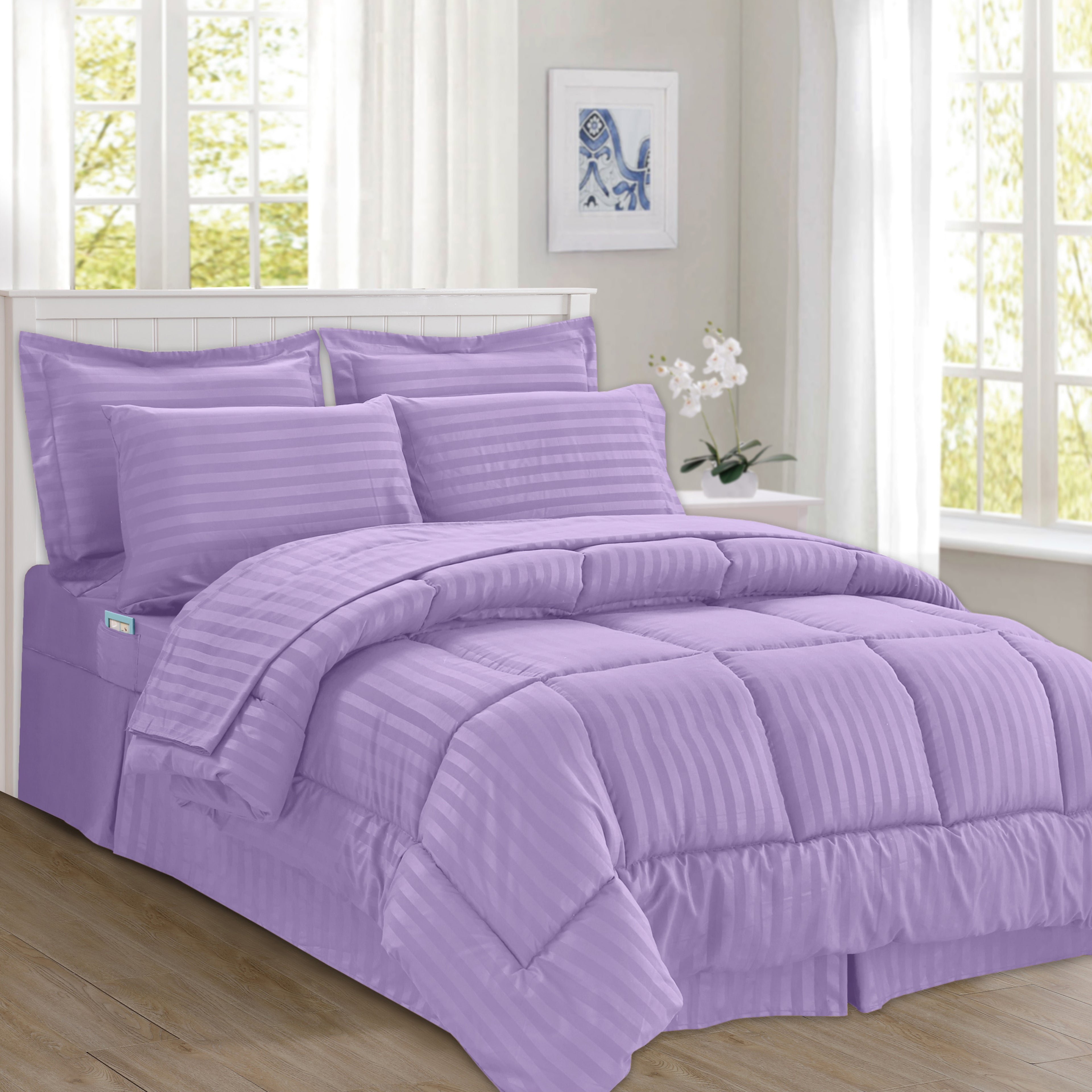 8-Piece Dobby Stripe Comforter Set - Includes 4-Piece Sheet Set with Double Sided Storage Pockets