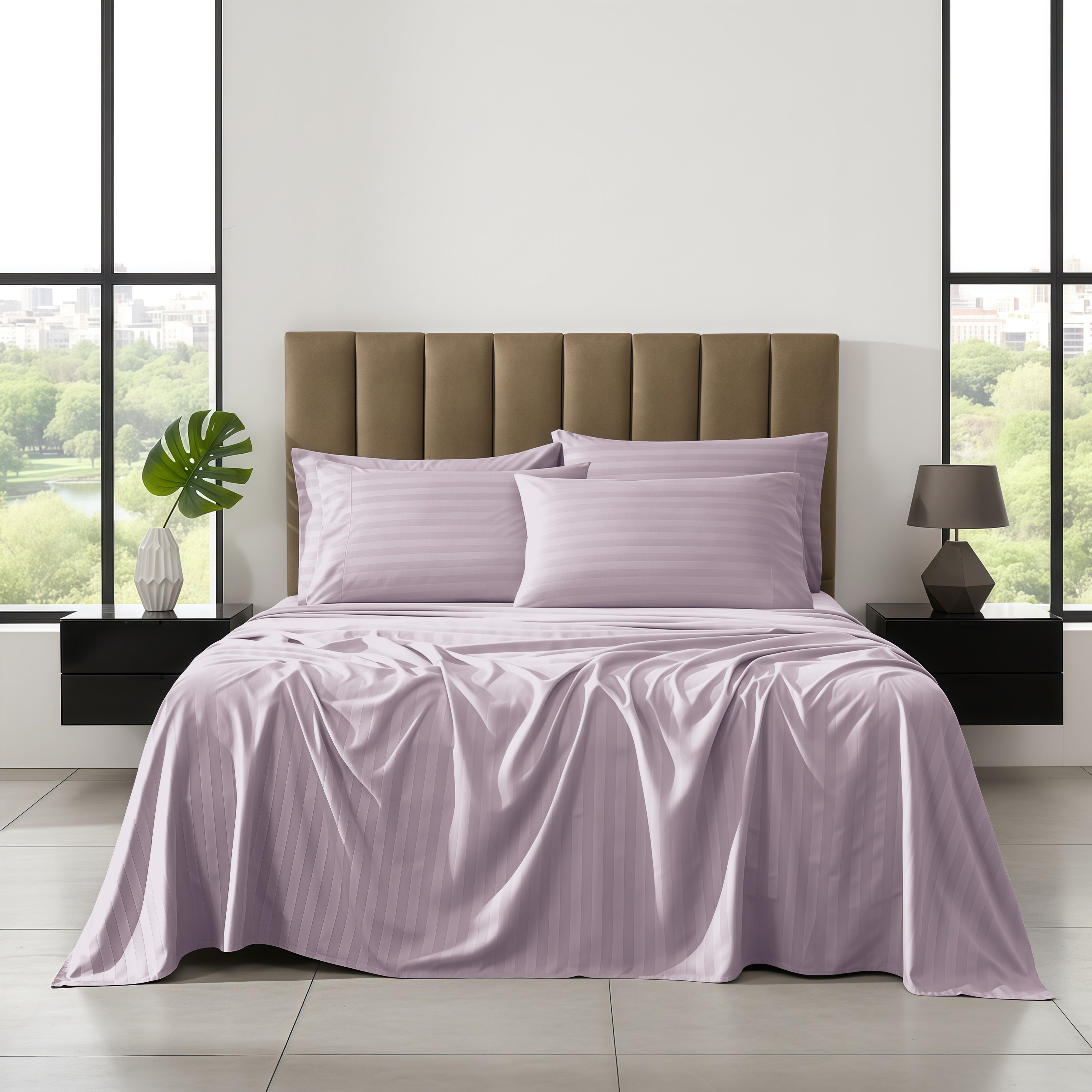 6-Piece Dobby Stripe Printed Bed Sheet Set- Soft as a Hotel Premium Quality