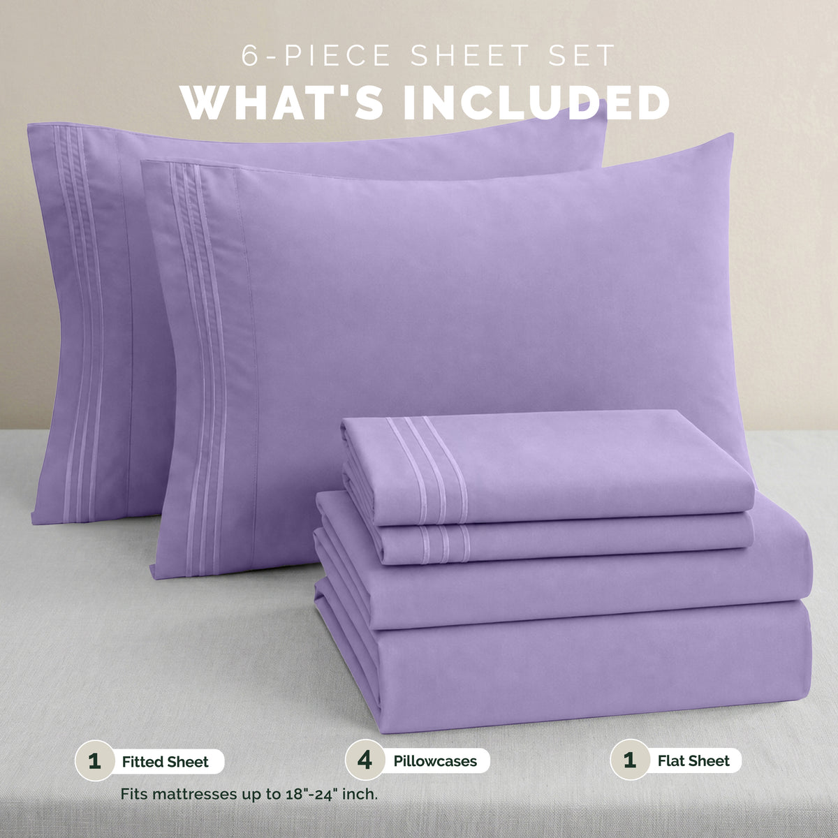 Extra deep Pocket 3 Line Embroidery, 6-Piece Sheet Set