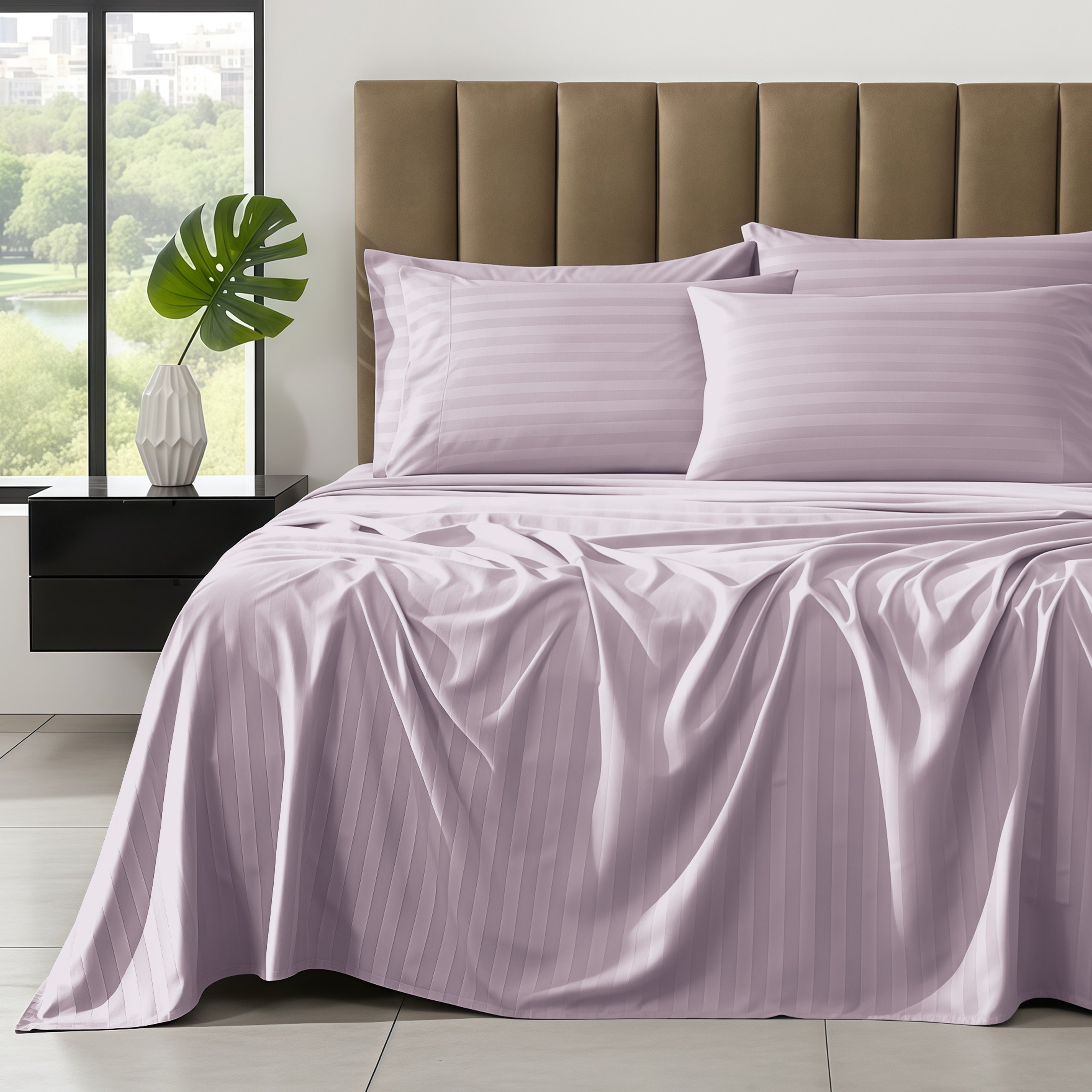 6-Piece Dobby Stripe Printed Bed Sheet Set- Soft as a Hotel Premium Quality