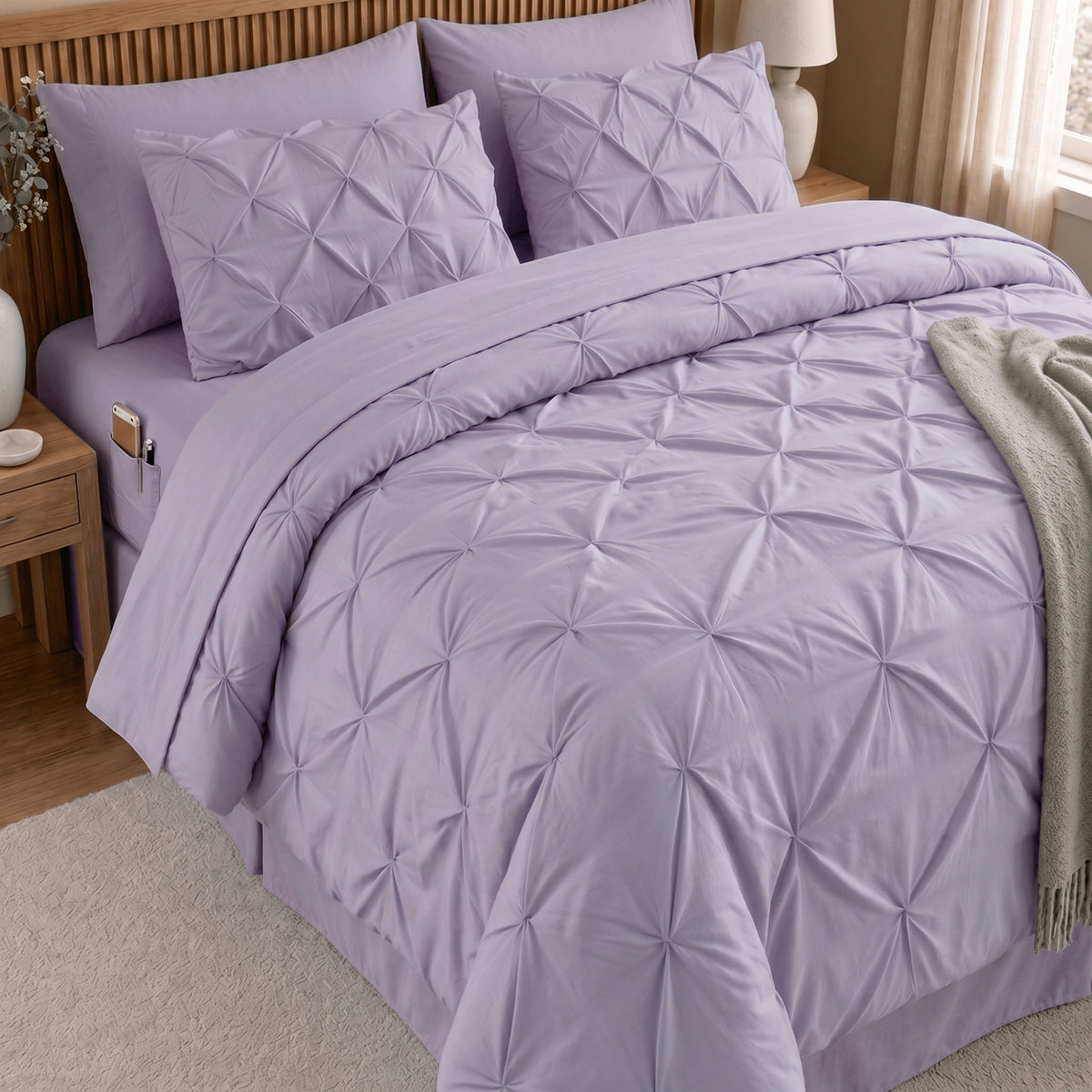 8-Piece Pintuck Pinch Pleated Comforter Set - Includes 4-Piece Sheet Set with Double Sided Storage Pockets