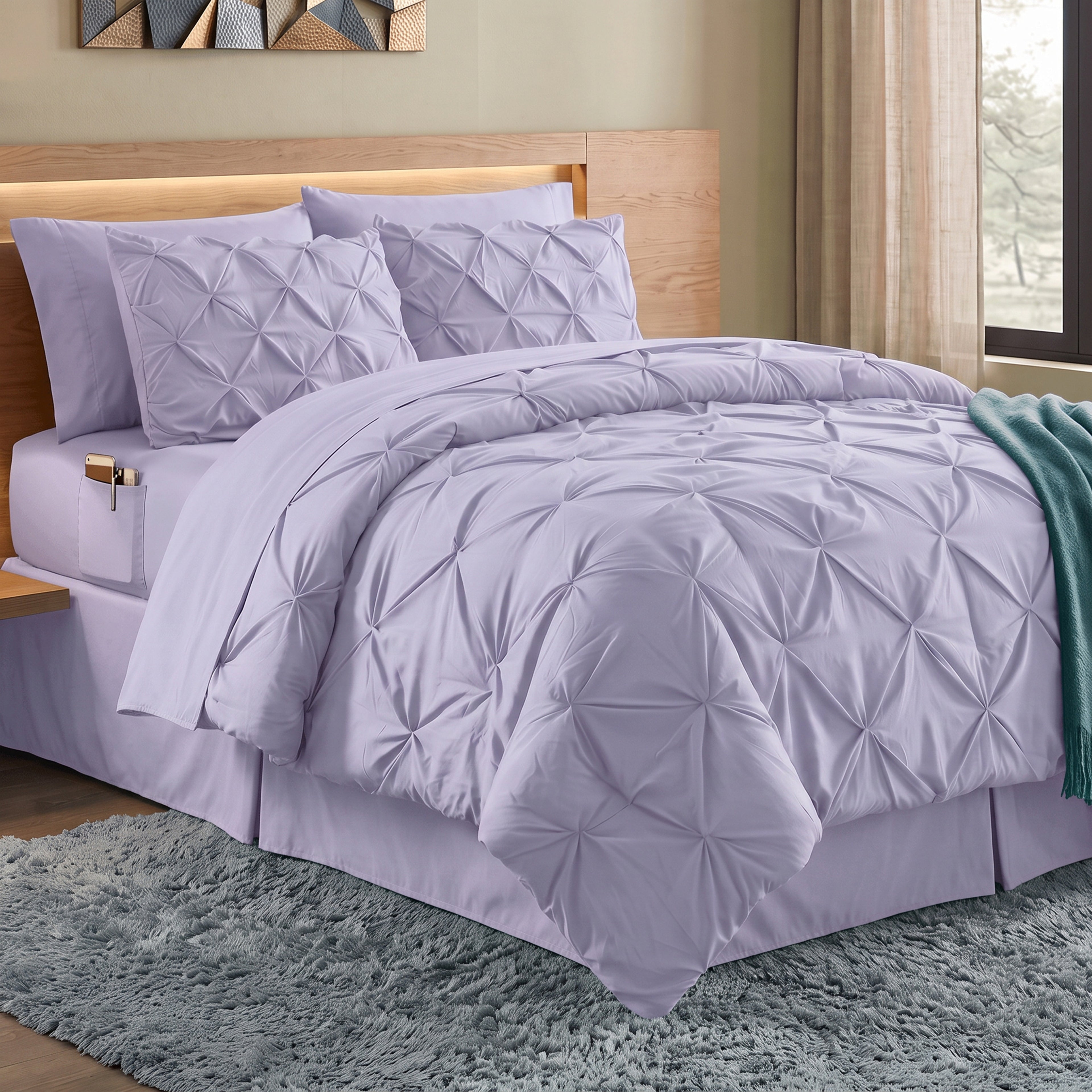 8-Piece Pintuck Pinch Pleated Comforter Set - Includes 4-Piece Sheet Set with Double Sided Storage Pockets