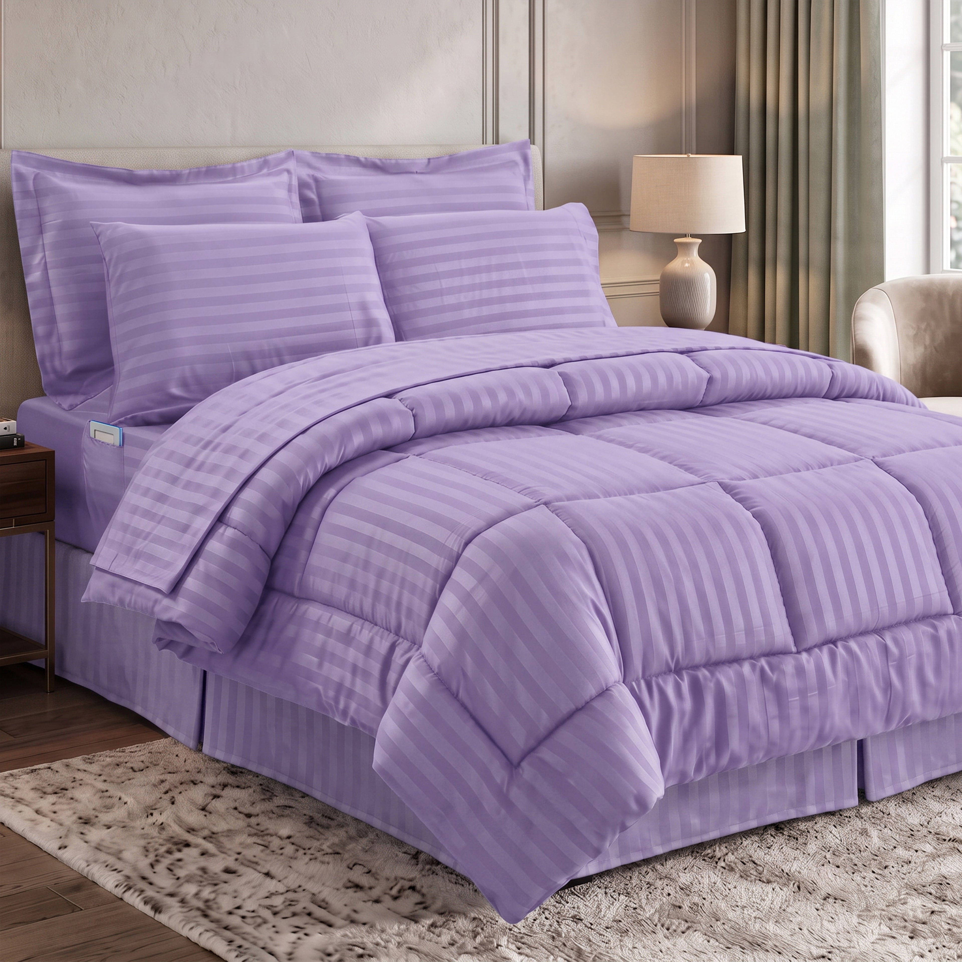 8-Piece Dobby Stripe Comforter Set - Includes 4-Piece Sheet Set with Double Sided Storage Pockets