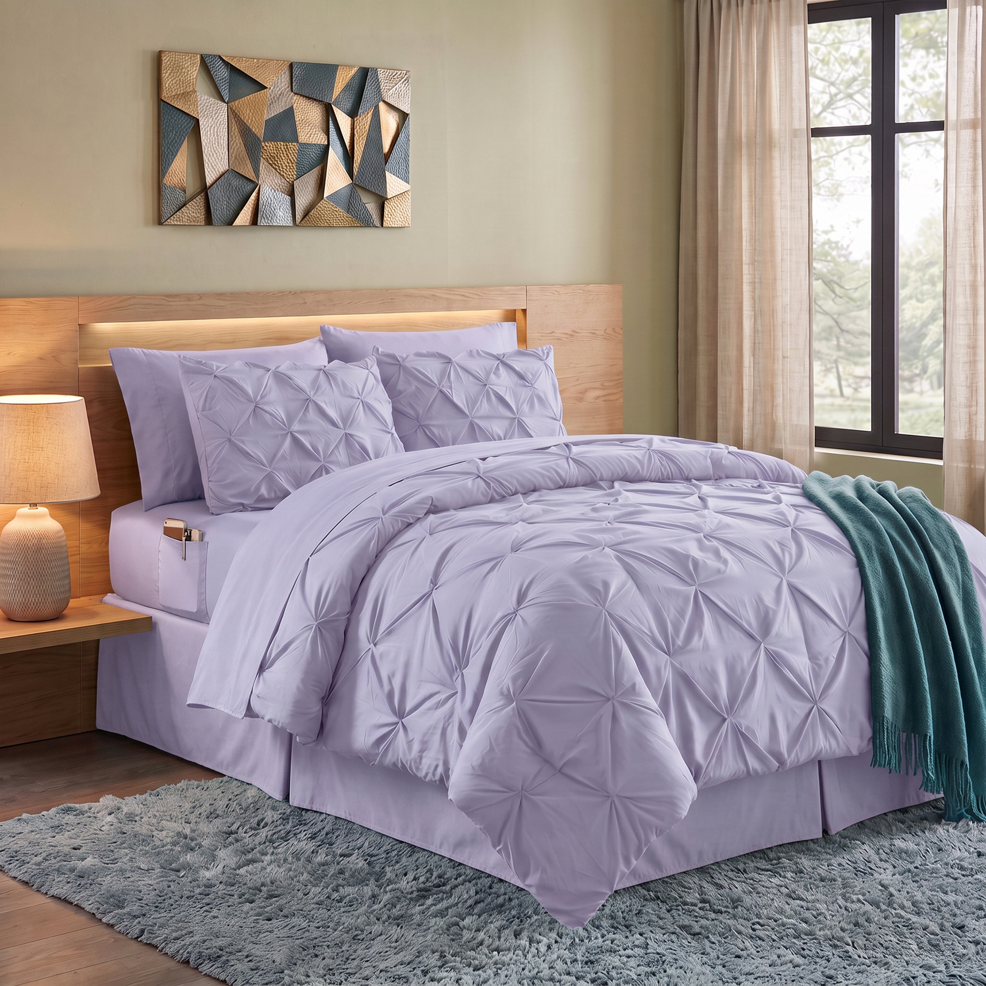 8-Piece Pintuck Pinch Pleated Comforter Set - Includes 4-Piece Sheet Set with Double Sided Storage Pockets
