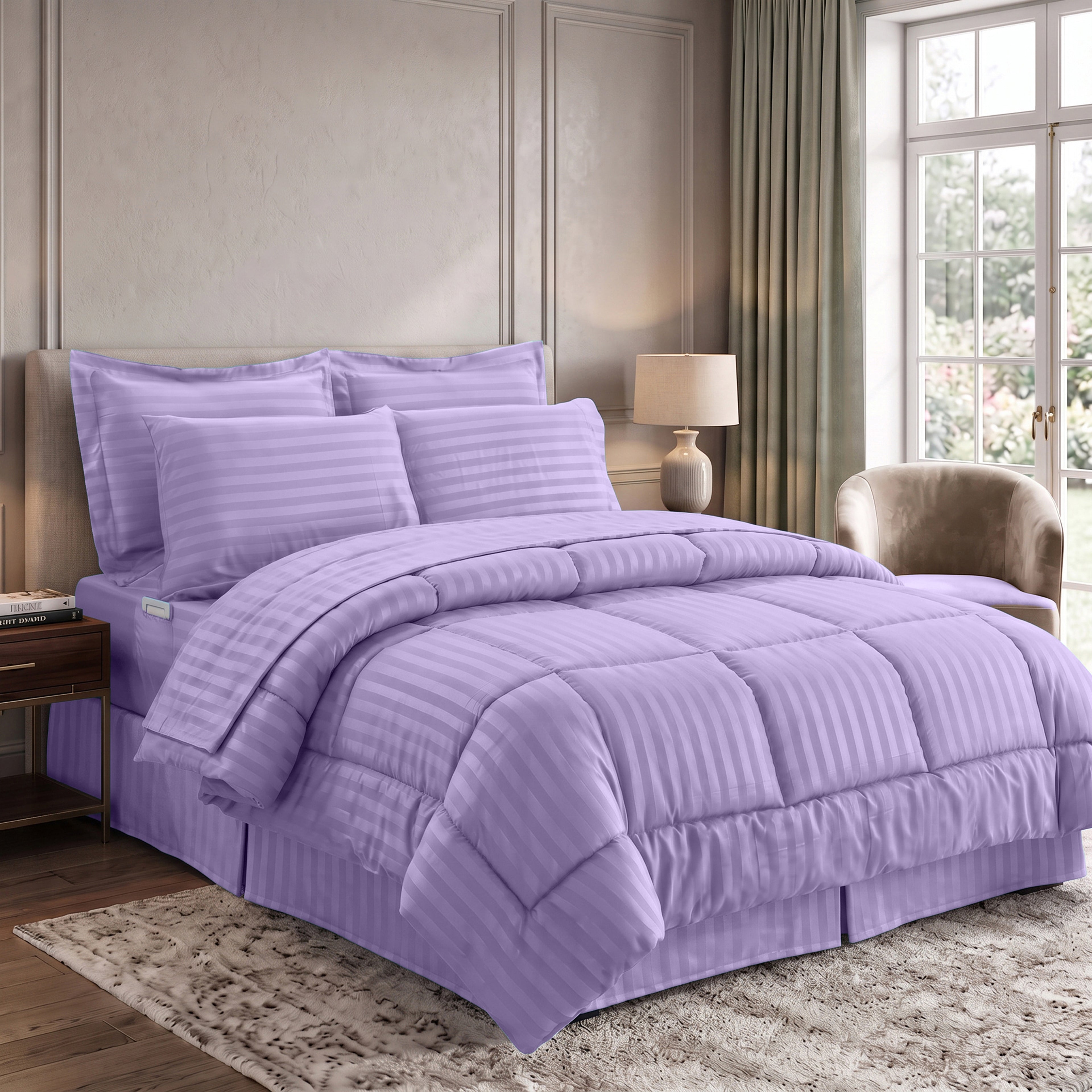 8-Piece Dobby Stripe Comforter Set - Includes 4-Piece Sheet Set with Double Sided Storage Pockets