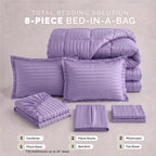 8-Piece Dobby Stripe Comforter Set - Includes 4-Piece Sheet Set with Double Sided Storage Pockets