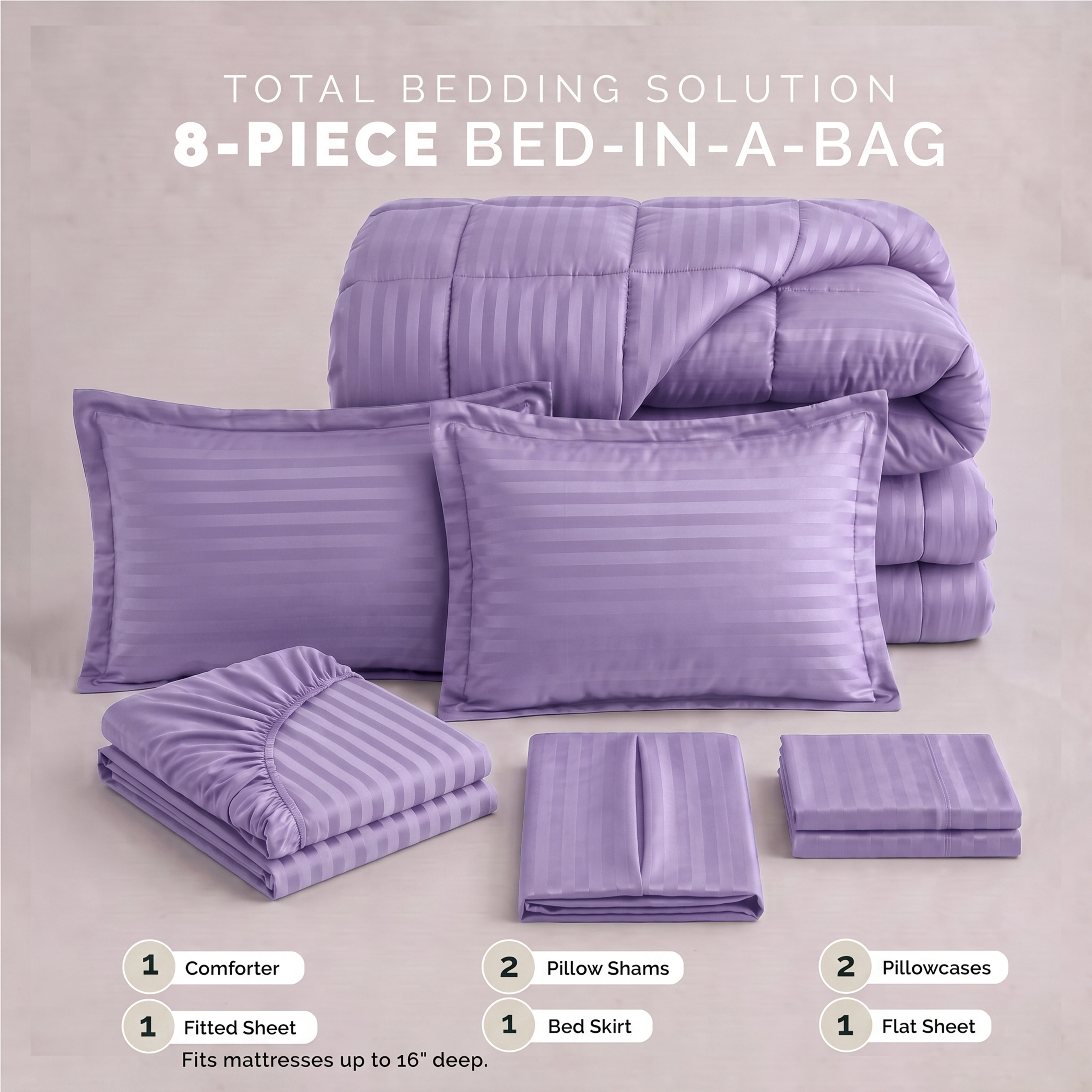 8-Piece Dobby Stripe Comforter Set - Includes 4-Piece Sheet Set with Double Sided Storage Pockets