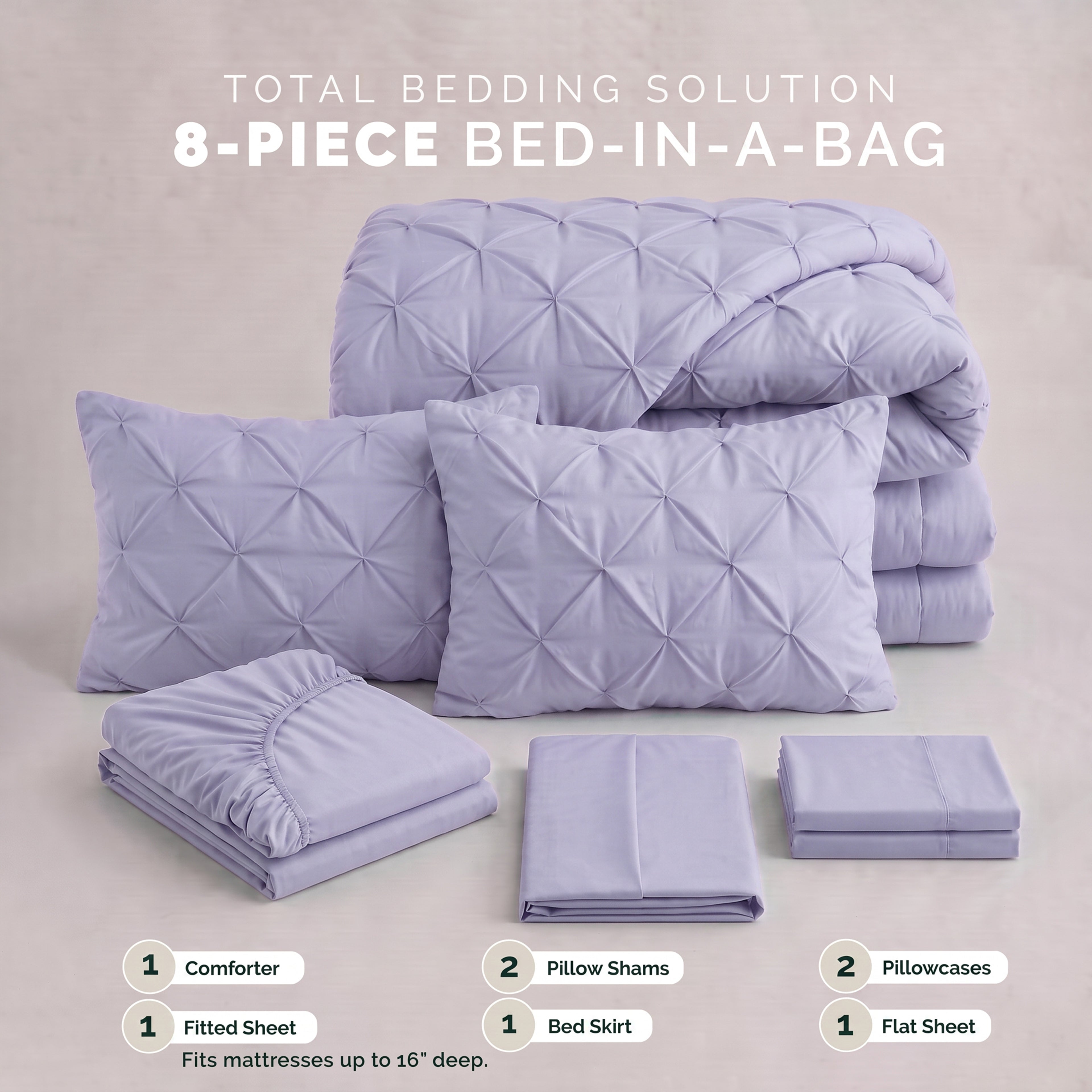8-Piece Pintuck Pinch Pleated Comforter Set - Includes 4-Piece Sheet Set with Double Sided Storage Pockets