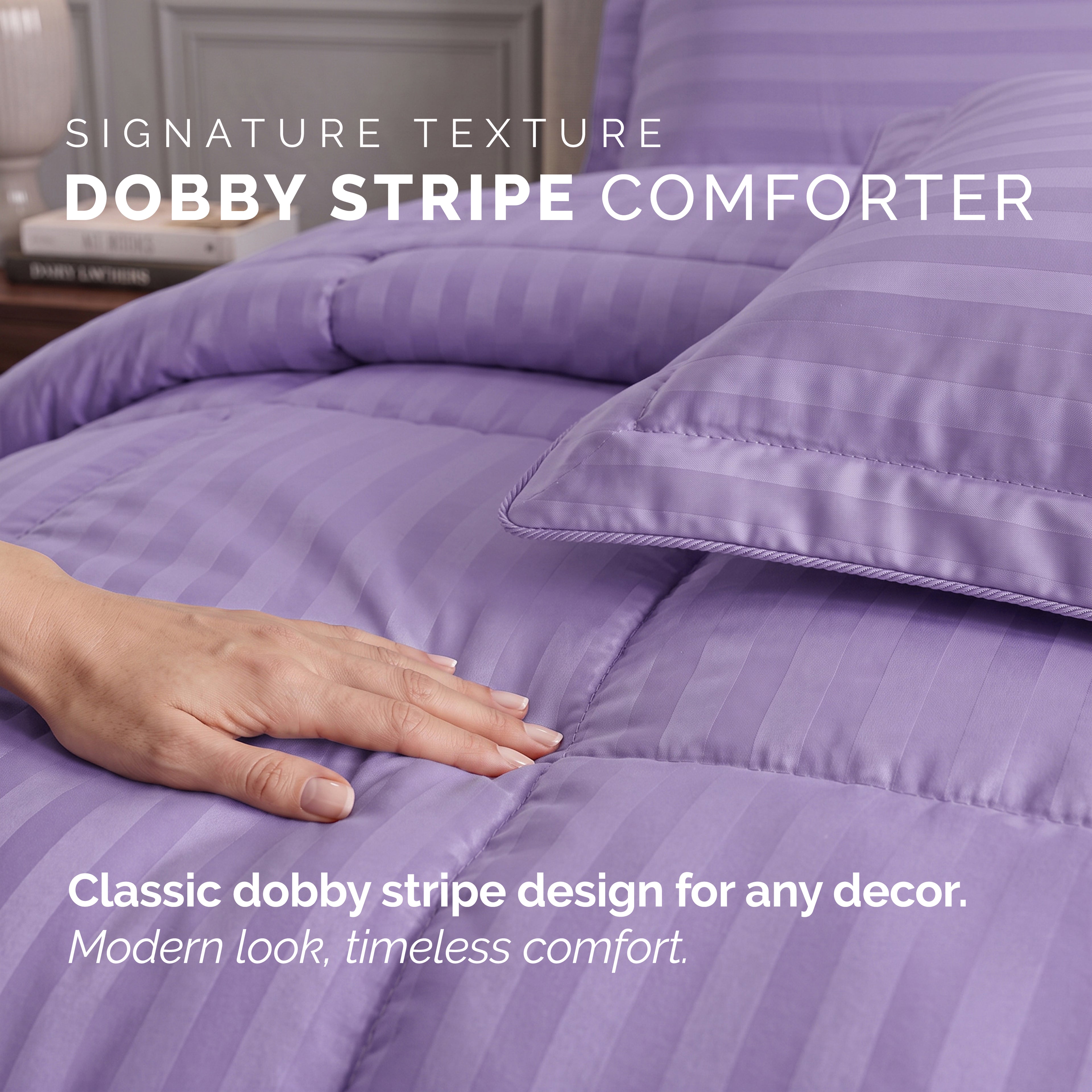 8-Piece Dobby Stripe Comforter Set - Includes 4-Piece Sheet Set with Double Sided Storage Pockets