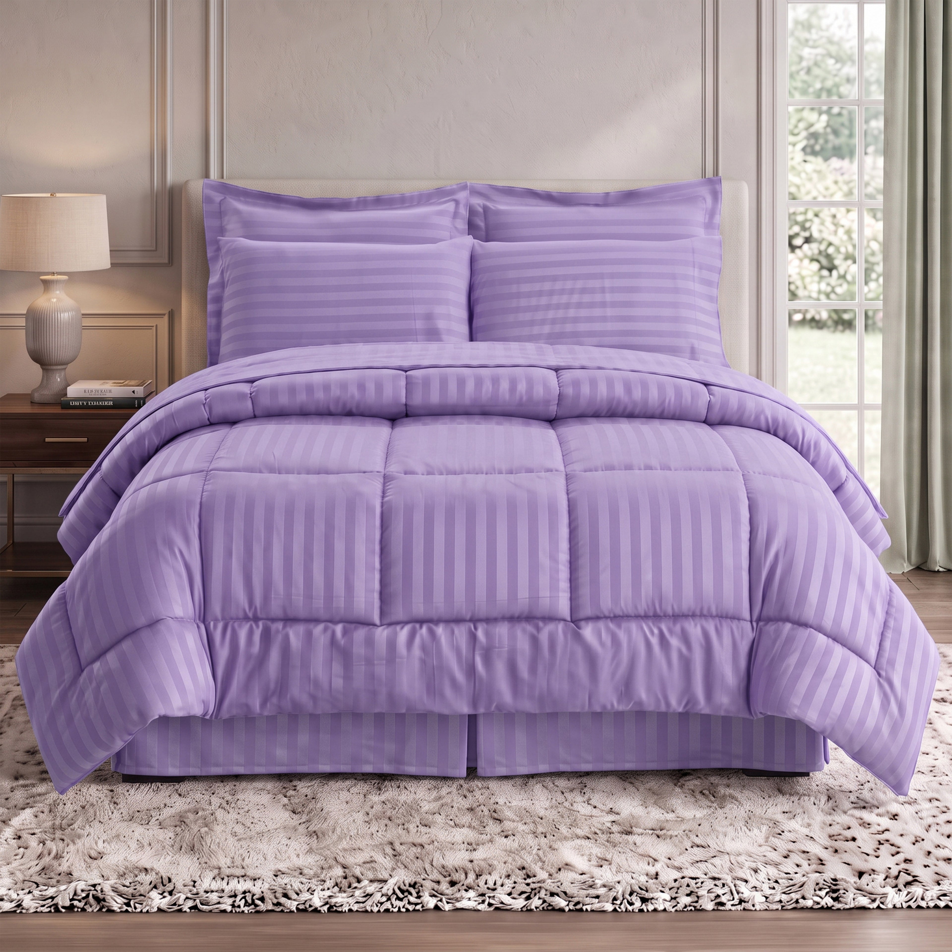 8-Piece Dobby Stripe Comforter Set - Includes 4-Piece Sheet Set with Double Sided Storage Pockets