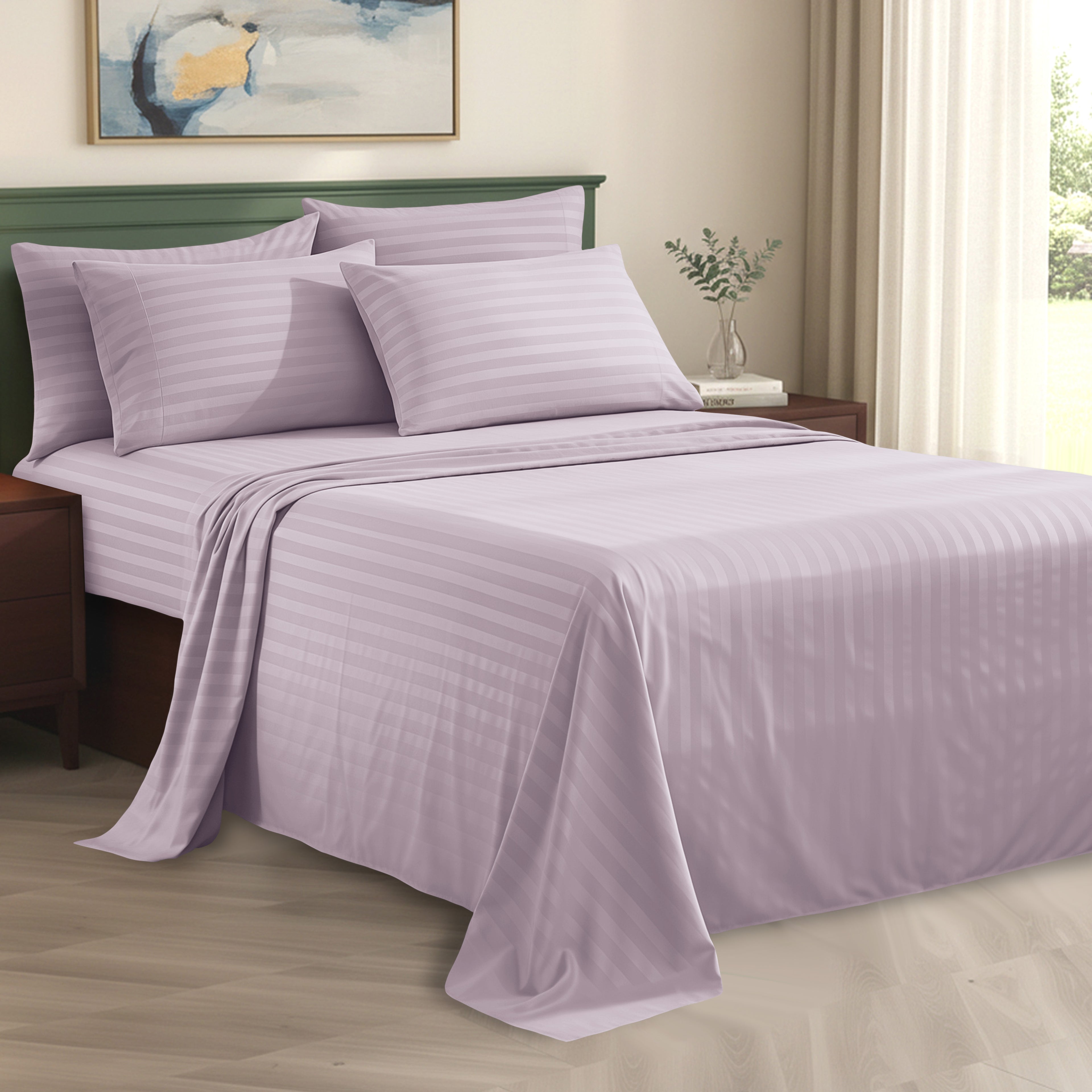 6-Piece Dobby Stripe Printed Bed Sheet Set- Soft as a Hotel Premium Quality