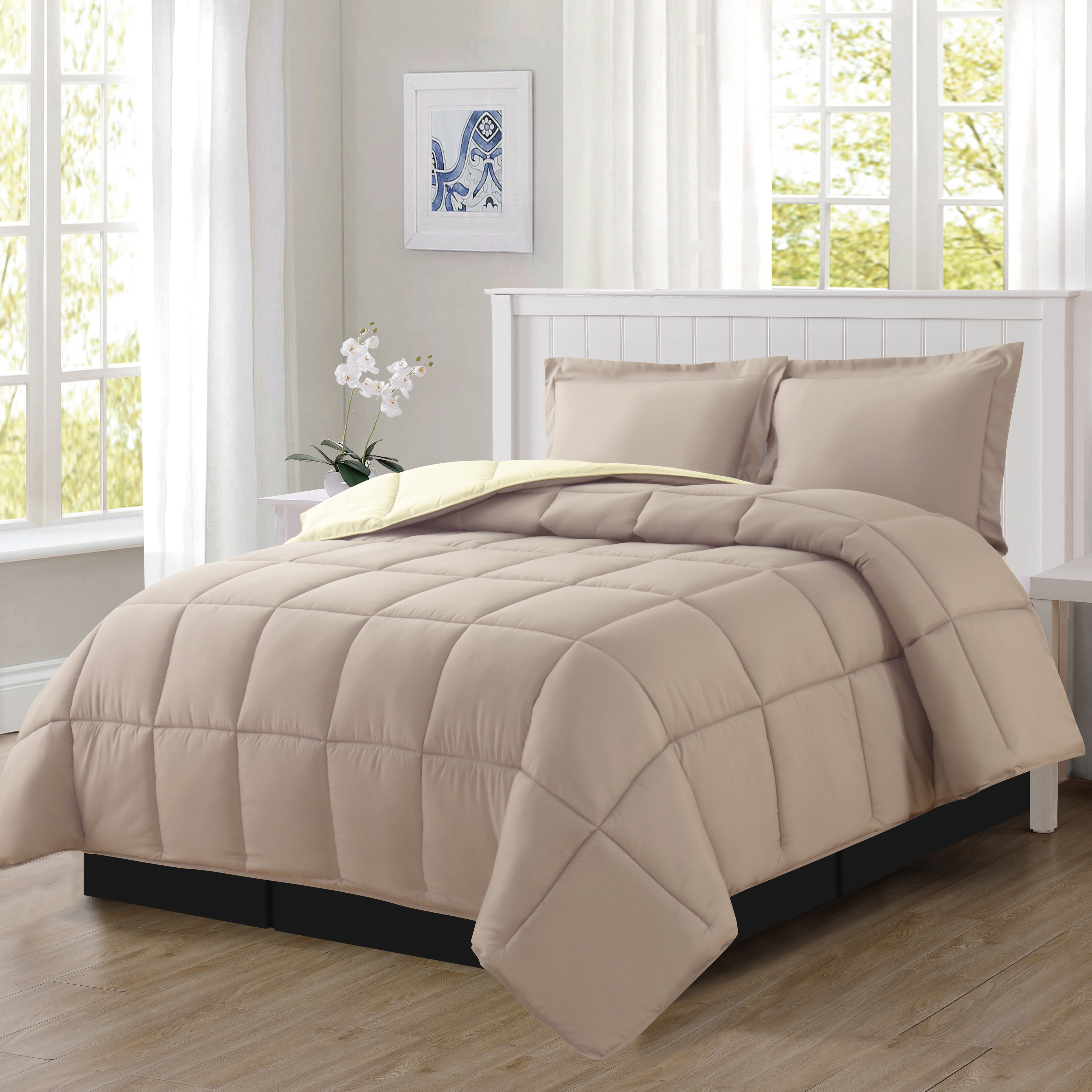 Reversible 3-Piece Box Stitched Comforter & Shams - Duvet Insert with 4 Corner Tabs