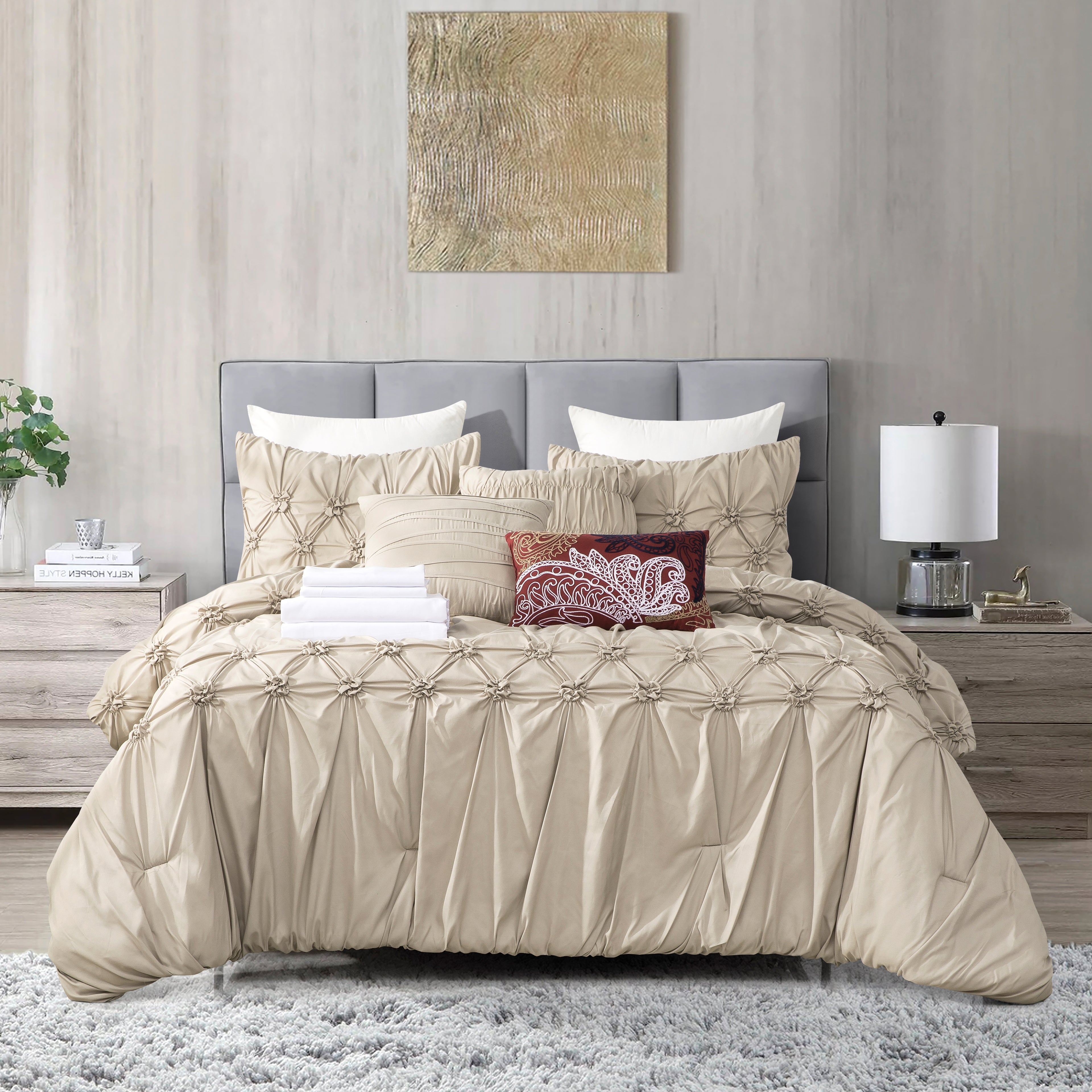 12-Piece Ella Pleated Ruched Pintuck Comforter Set, Includes 6-Piece Sheet Set with Double Sided Storage Pockets