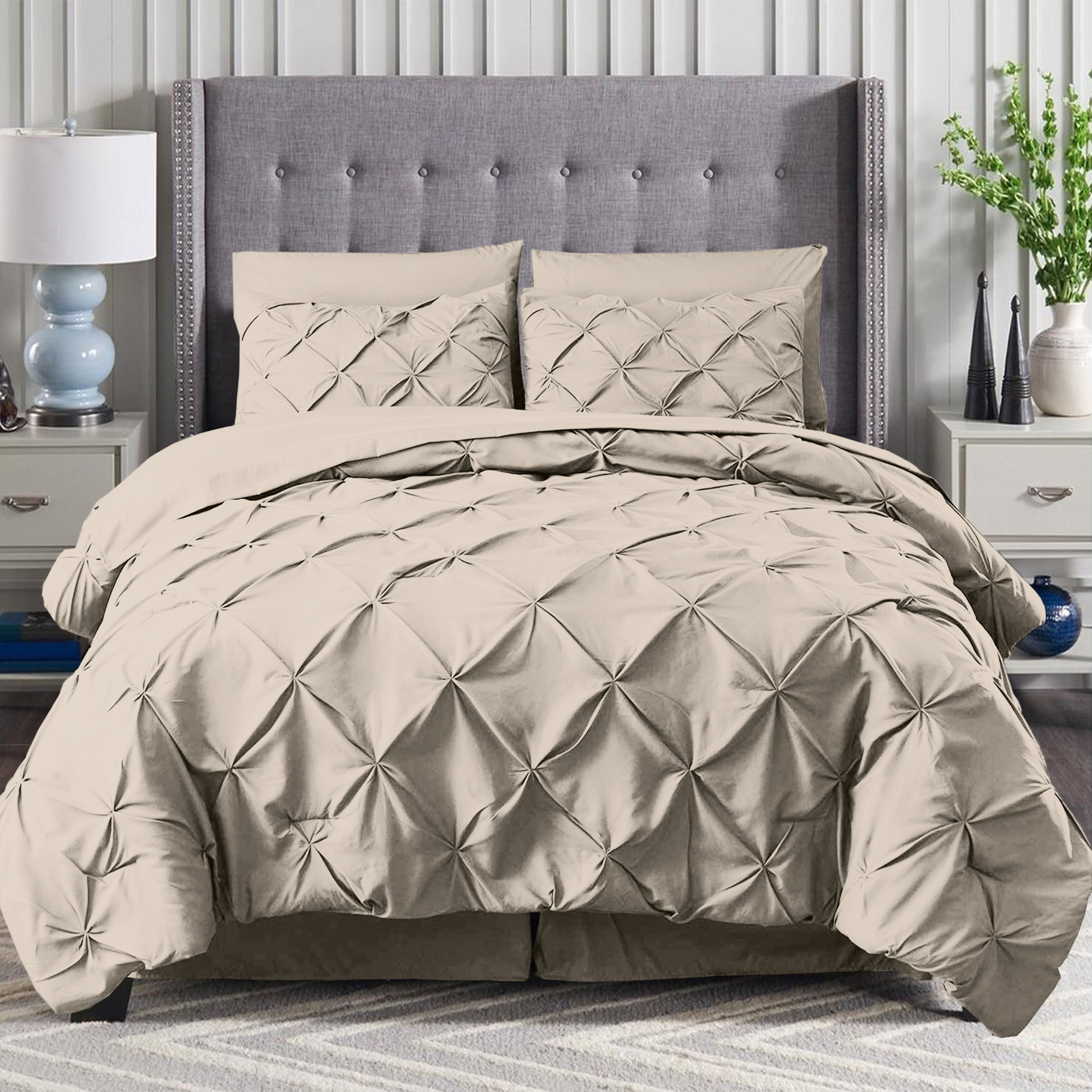 8-Piece Pintuck Pinch Pleated Comforter Set - Includes 4-Piece Sheet Set with Double Sided Storage Pockets