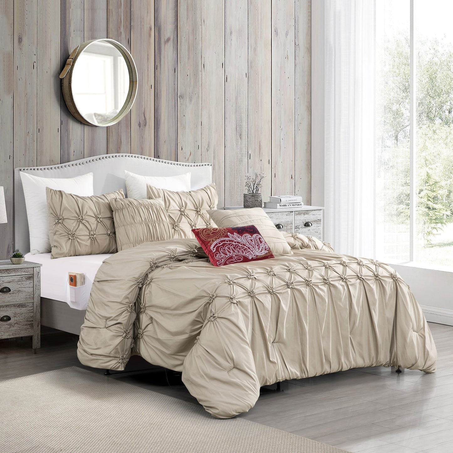 Elegant Comfort 12-Piece Ella Pleated Ruched Pintuck Comforter Set, Includes 6-Piece Sheet Set with Double Sided Storage Pockets