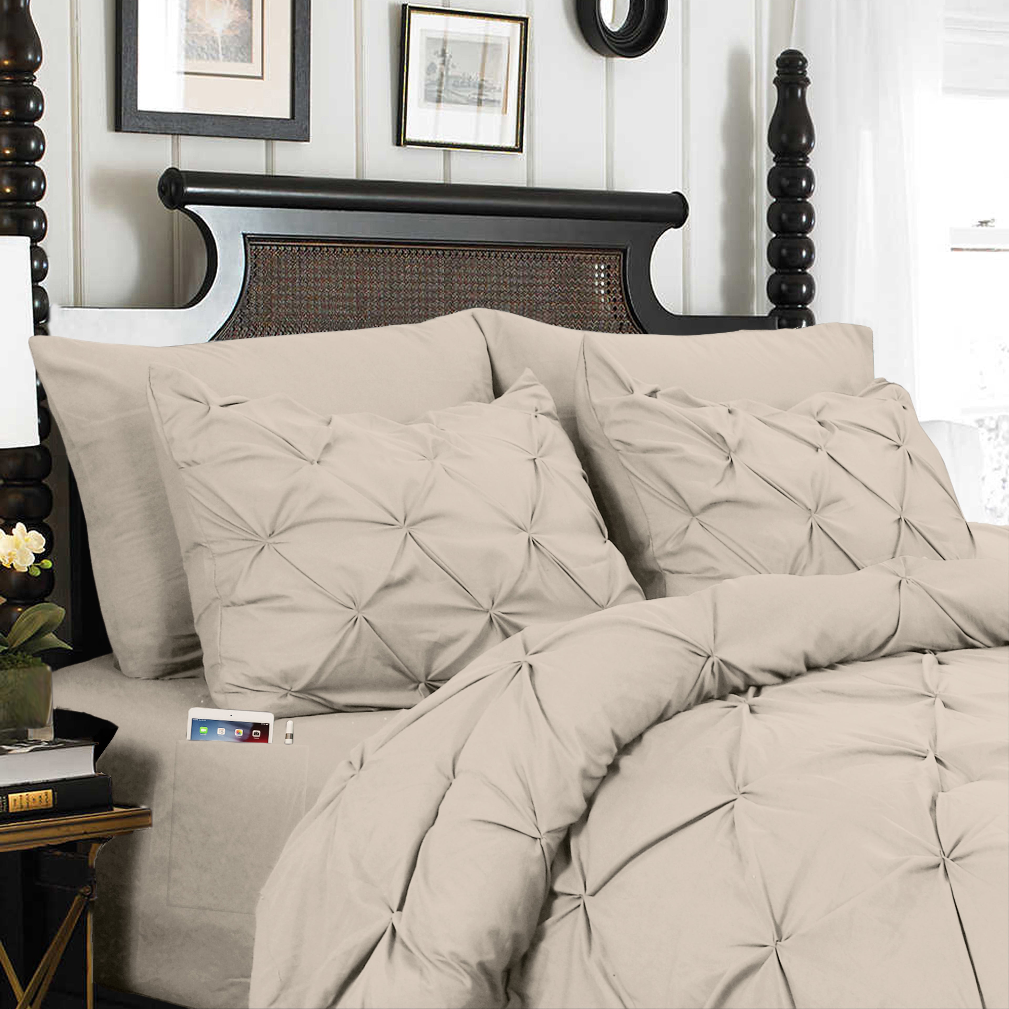 8-Piece Pintuck Pinch Pleated Comforter Set - Includes 4-Piece Sheet Set with Double Sided Storage Pockets