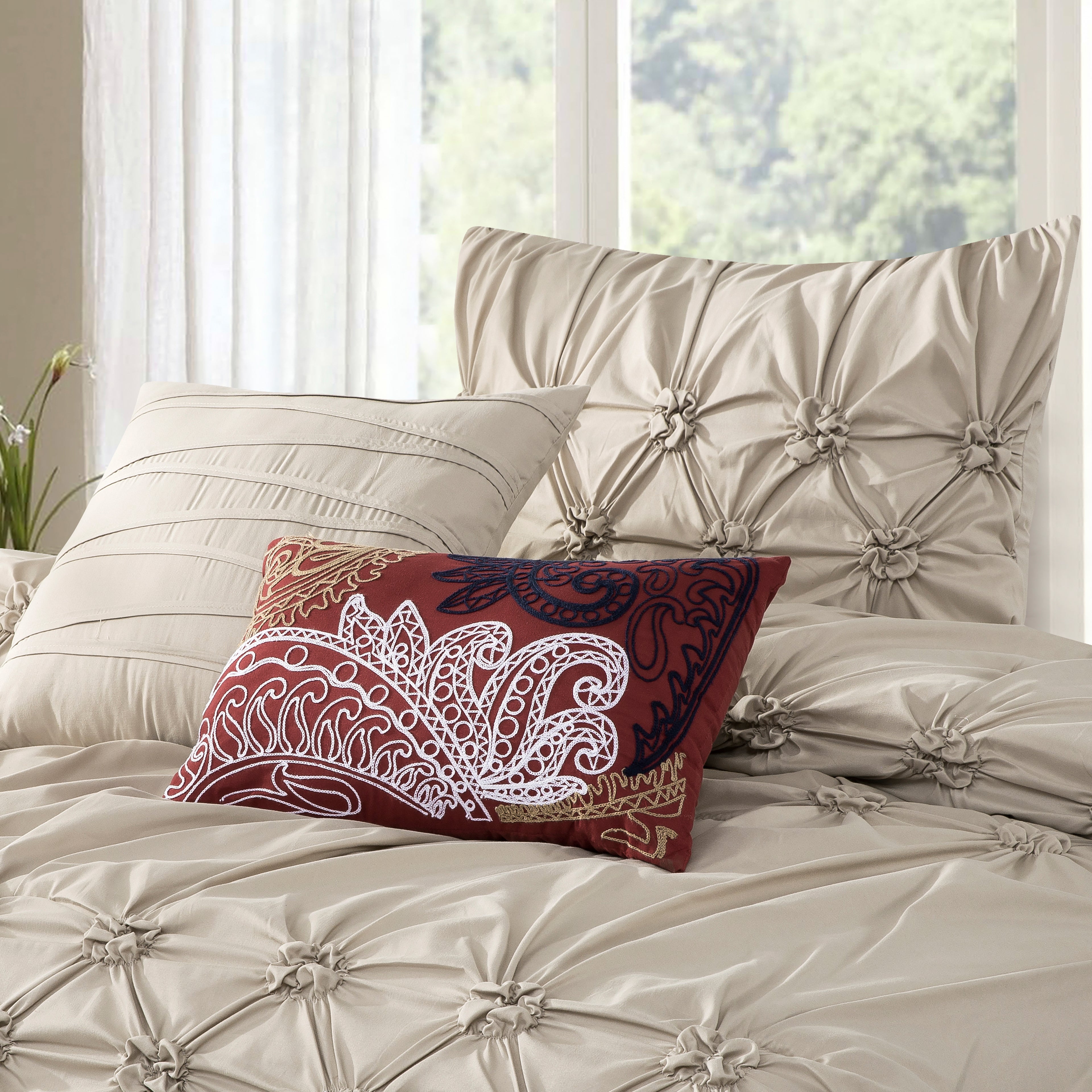 12-Piece Ella Pleated Ruched Pintuck Comforter Set, Includes 6-Piece Sheet Set with Double Sided Storage Pockets