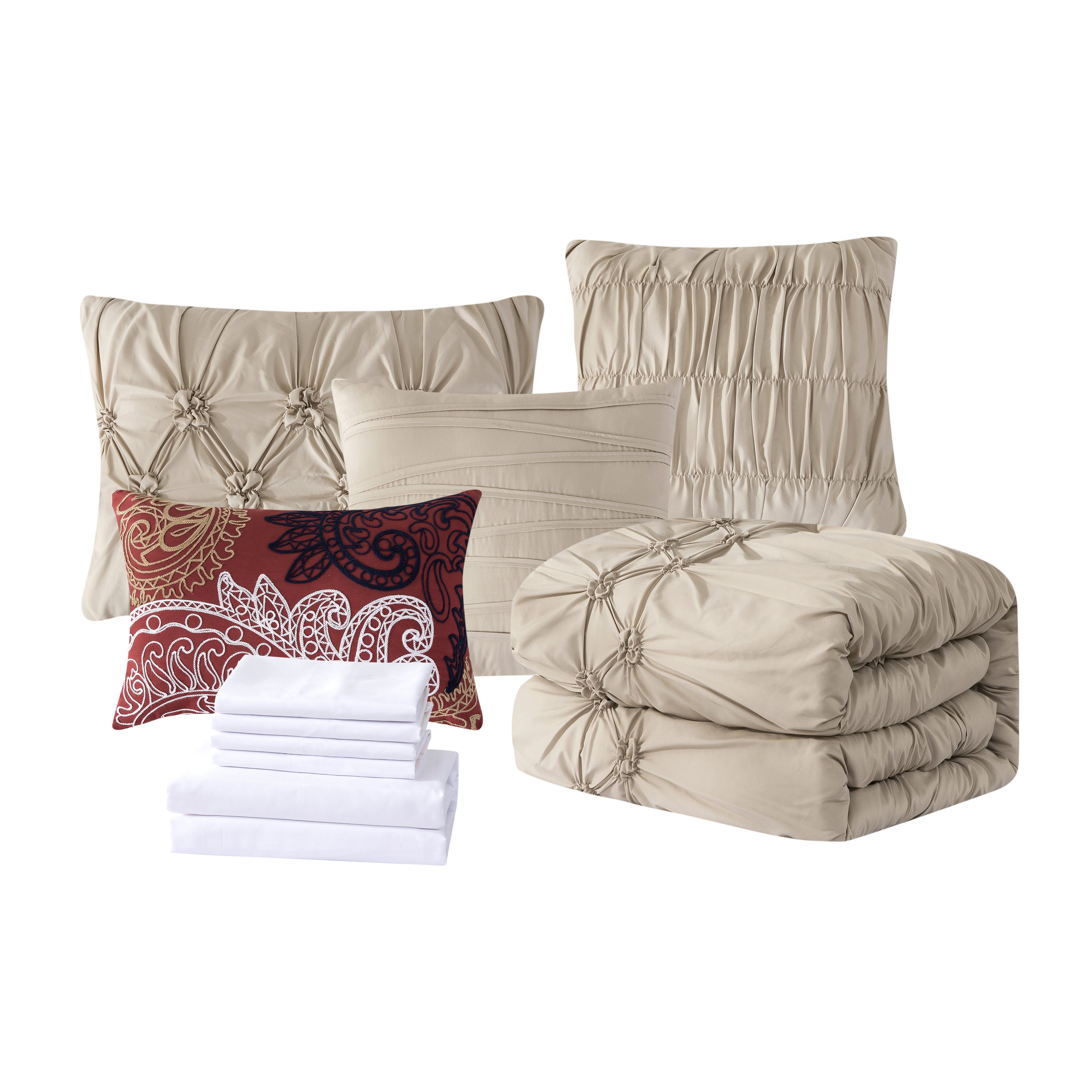 12-Piece Ella Pleated Ruched Pintuck Comforter Set, Includes 6-Piece Sheet Set with Double Sided Storage Pockets