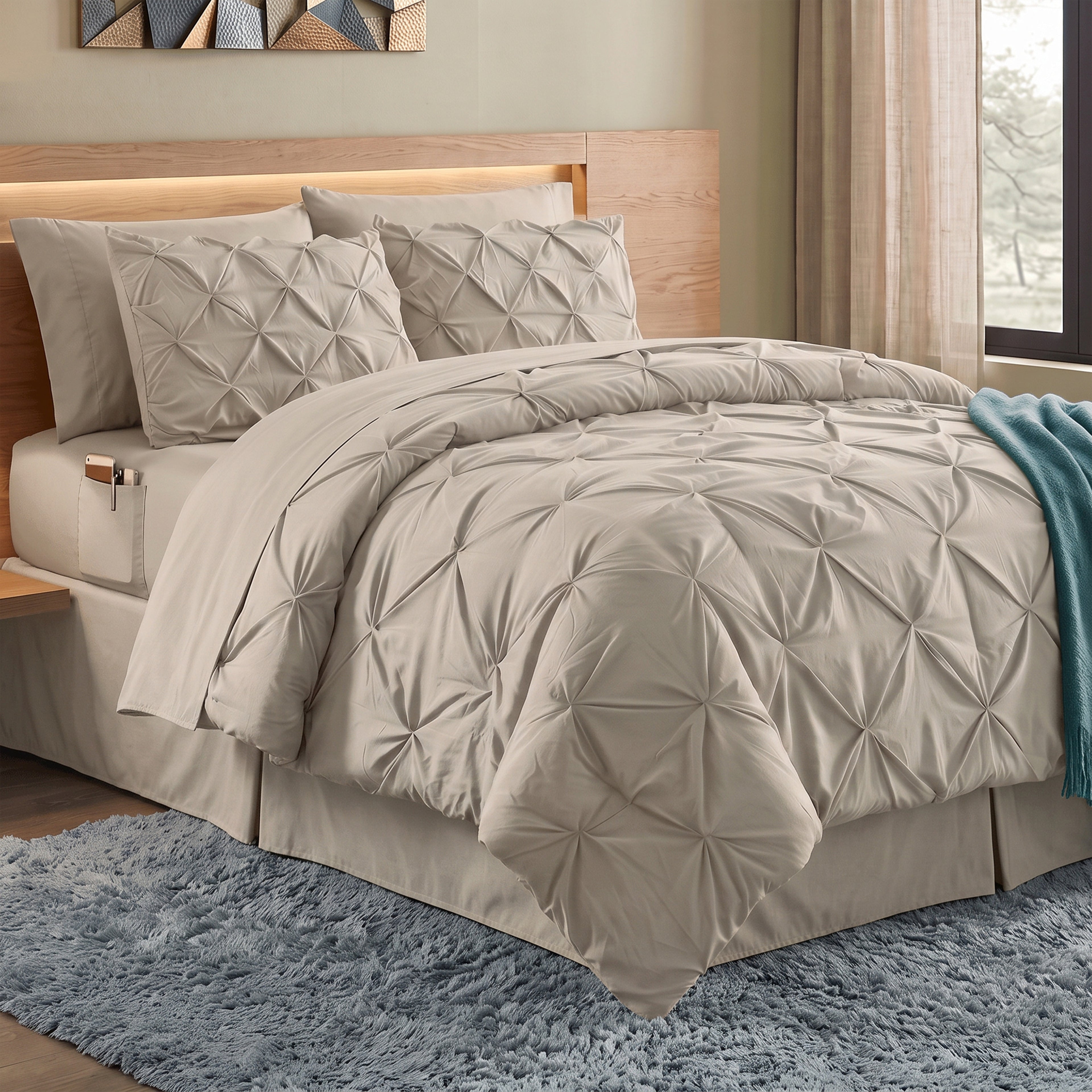 8-Piece Pintuck Pinch Pleated Comforter Set - Includes 4-Piece Sheet Set with Double Sided Storage Pockets