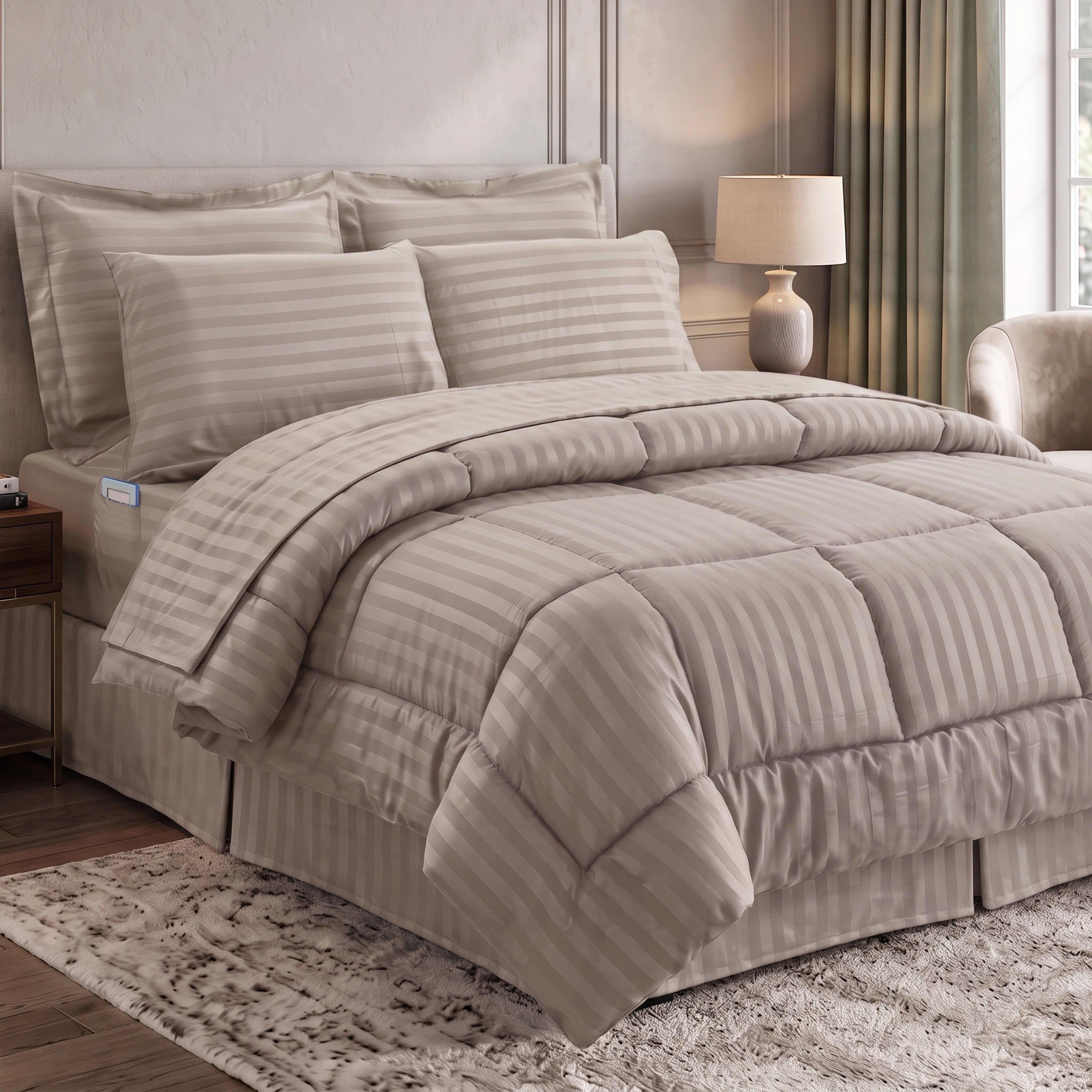 8-Piece Dobby Stripe Comforter Set - Includes 4-Piece Sheet Set with Double Sided Storage Pockets