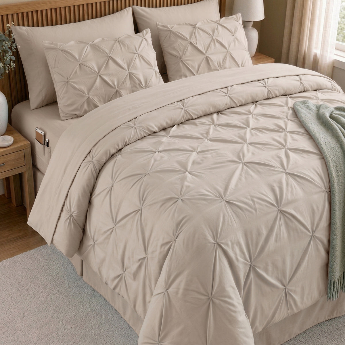 8-Piece Pintuck Pinch Pleated Comforter Set - Includes 4-Piece Sheet Set with Double Sided Storage Pockets